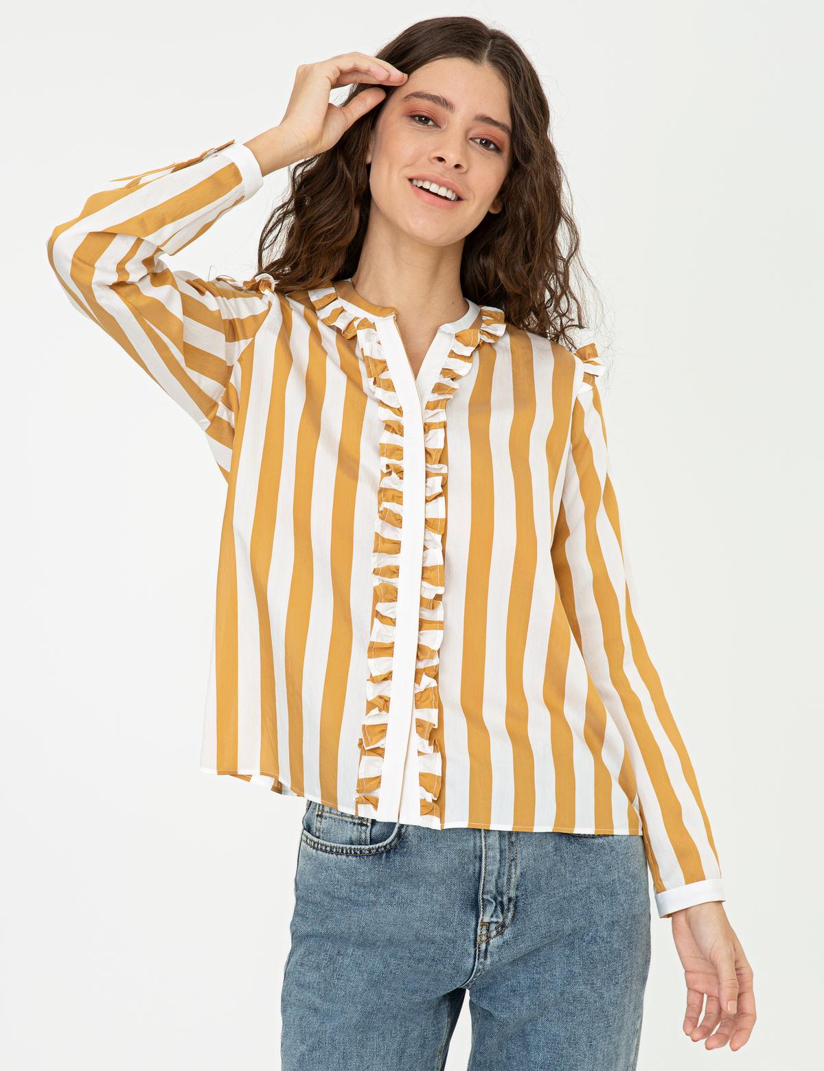 Sarı Çizgili Comfort Fit Uzun Kollu Gömlek