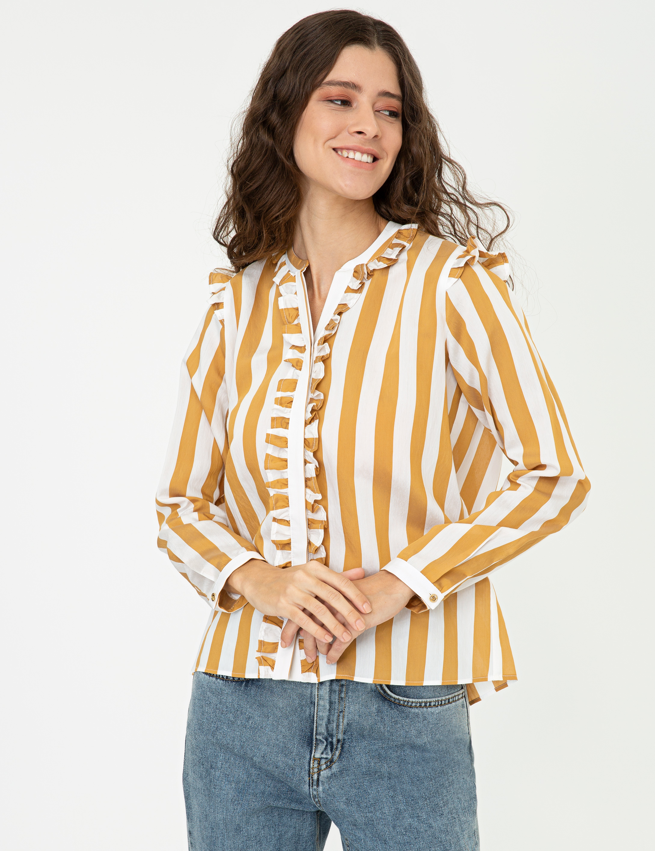 Sarı Çizgili Comfort Fit Uzun Kollu Gömlek - Image 3