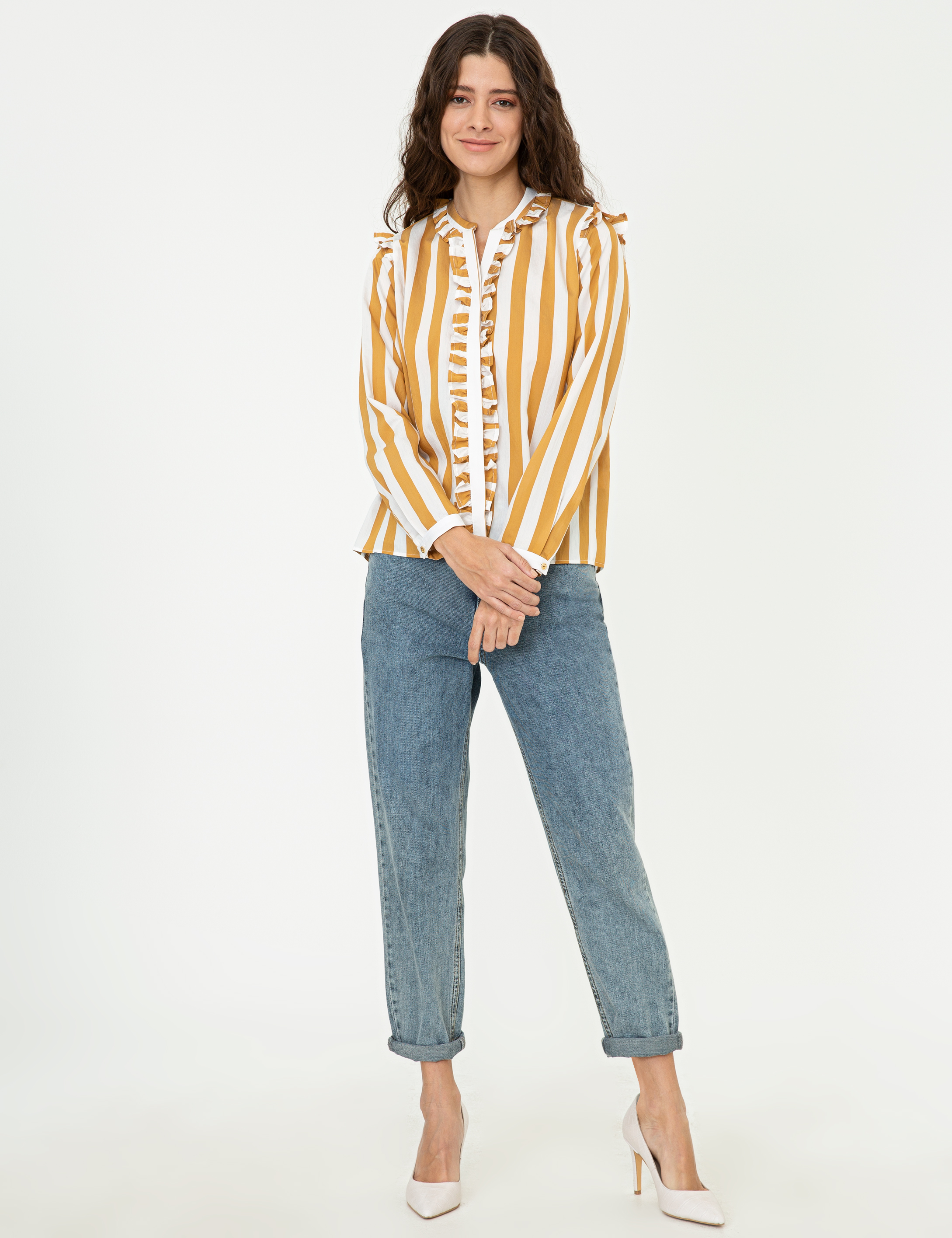 Sarı Çizgili Comfort Fit Uzun Kollu Gömlek