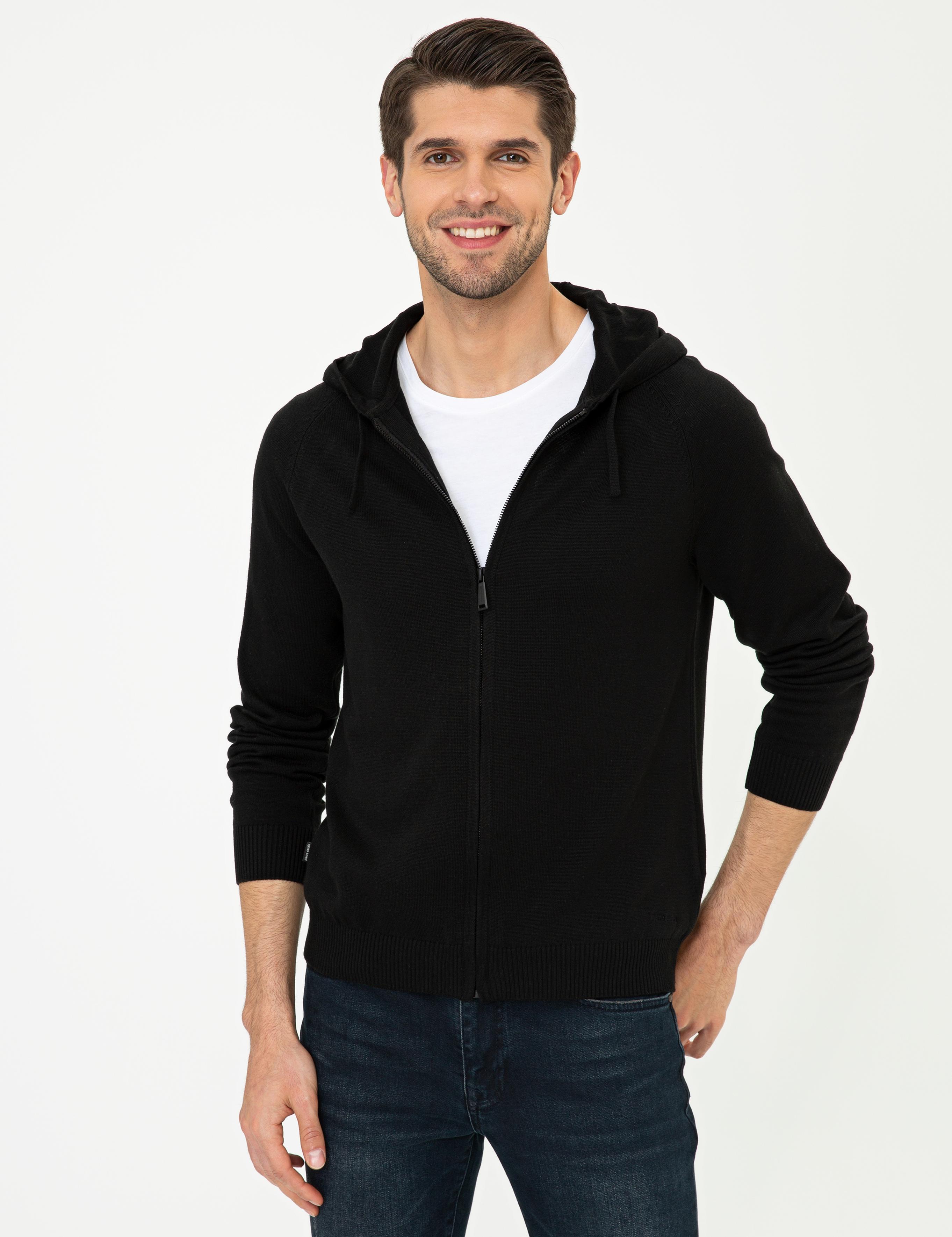 Siyah Regular Fit Fermuarlı Triko Hırka