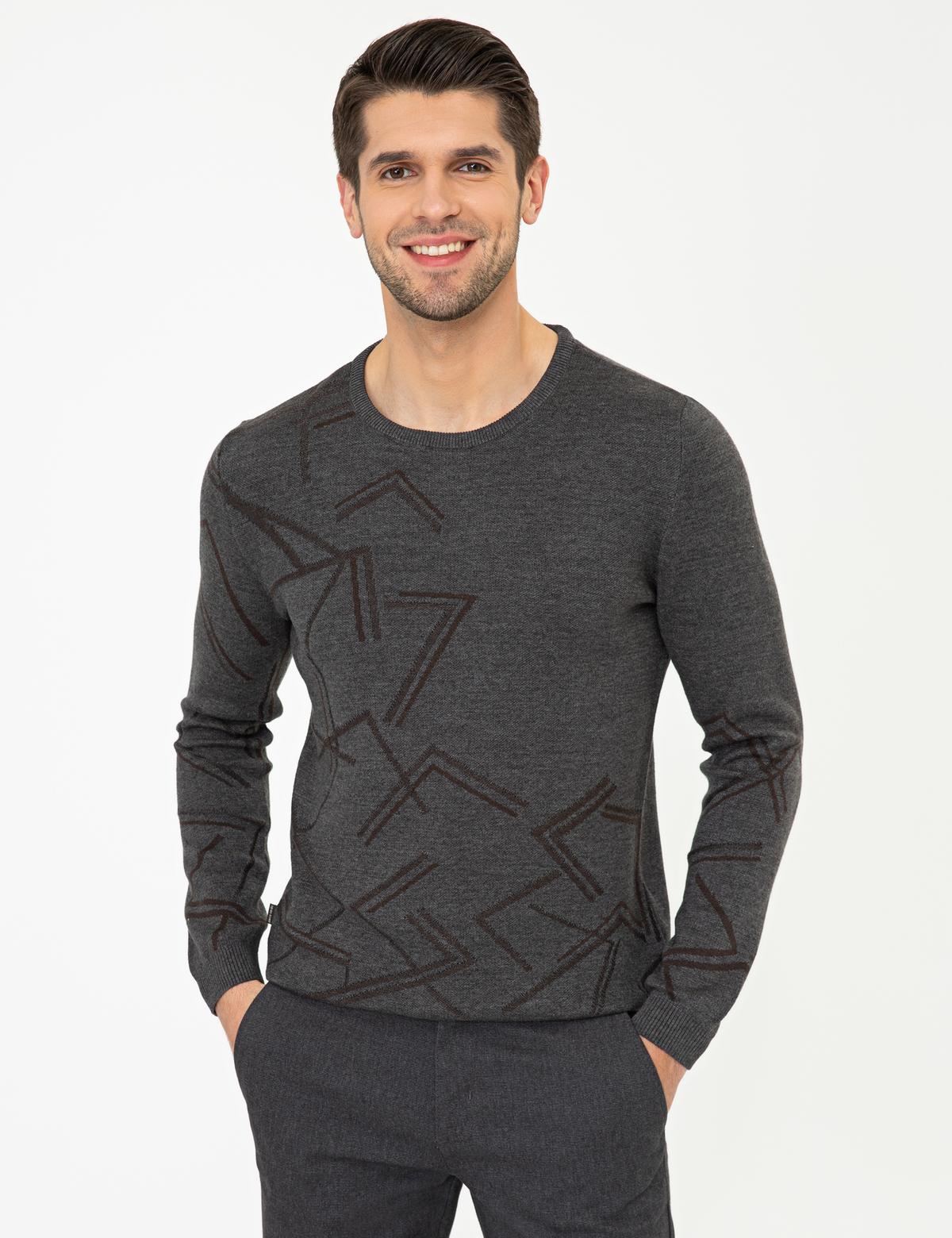 Gri Melanj Slim Fit Bisiklet Yaka Triko Kazak