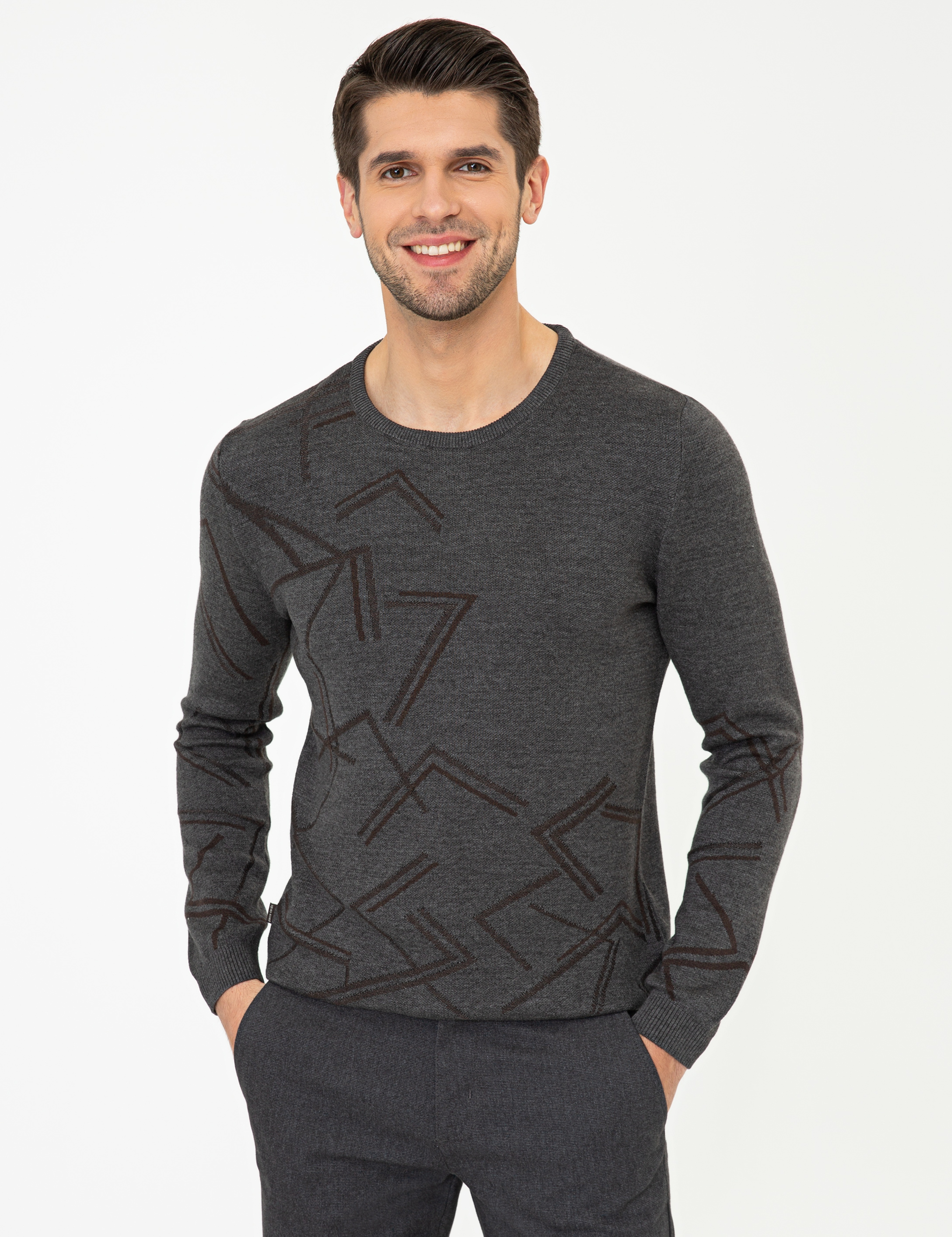 Gri Melanj Slim Fit Bisiklet Yaka Triko Kazak - Image 1