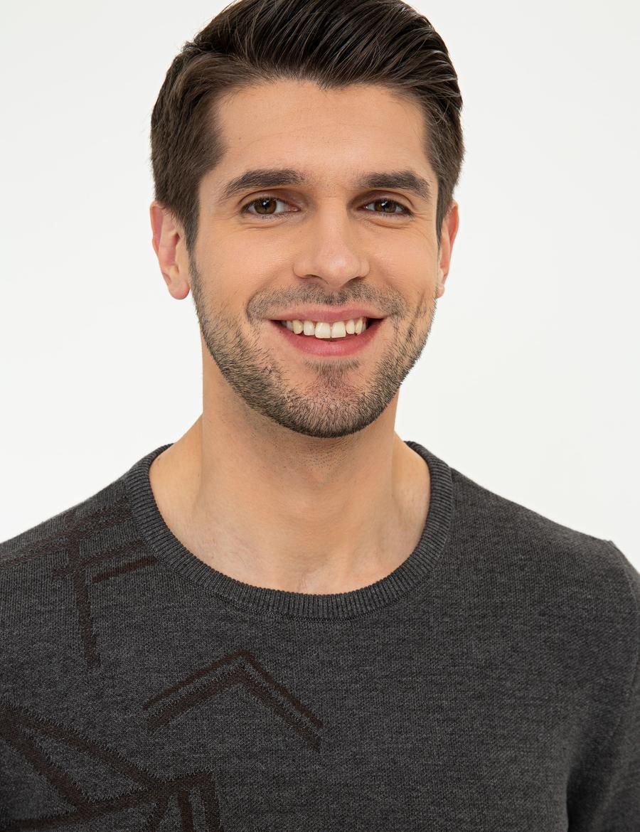 Gri Melanj Slim Fit Bisiklet Yaka Triko Kazak