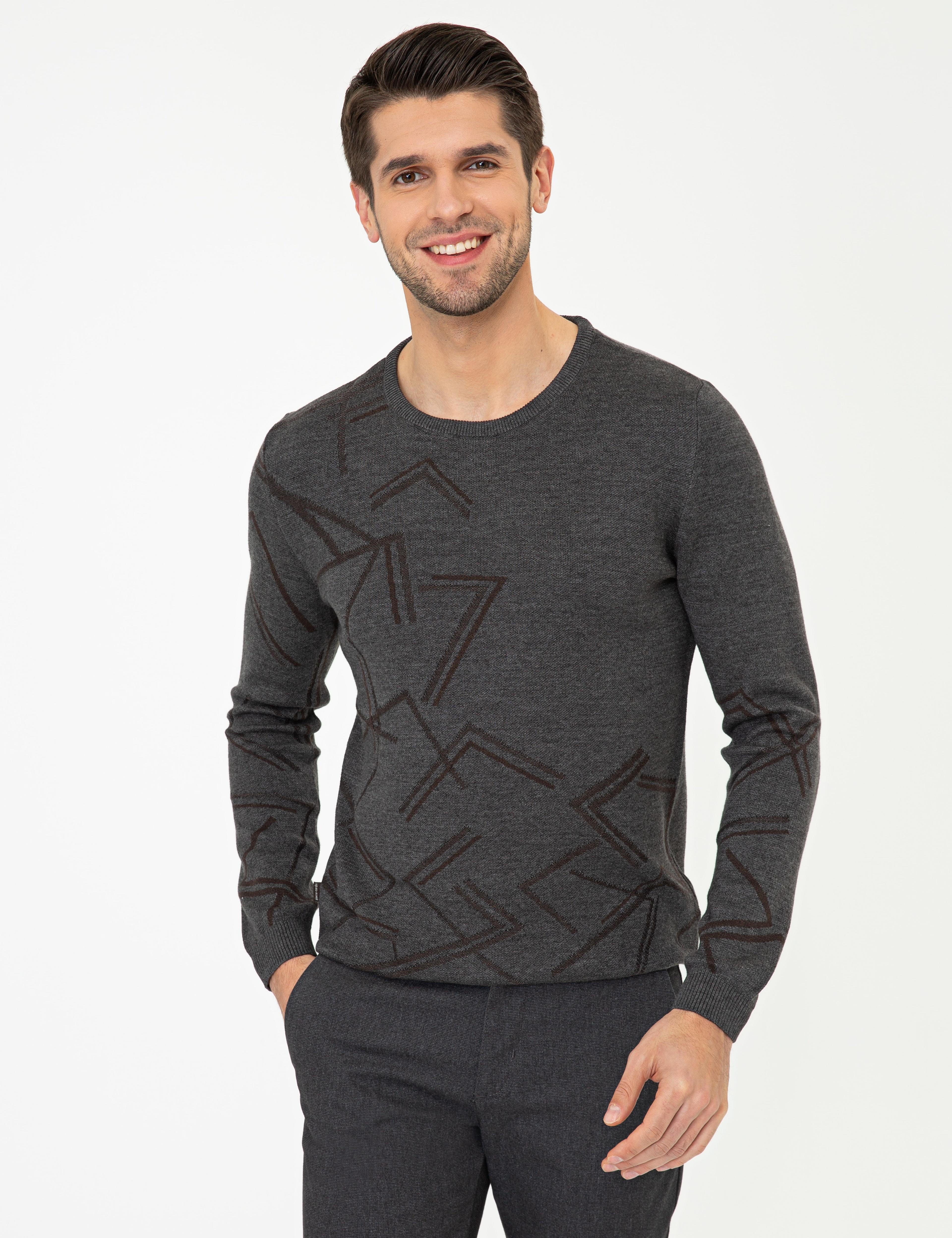 Gri Melanj Slim Fit Bisiklet Yaka Triko Kazak