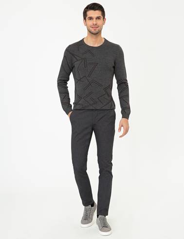 Gri Melanj Slim Fit Bisiklet Yaka Triko Kazak