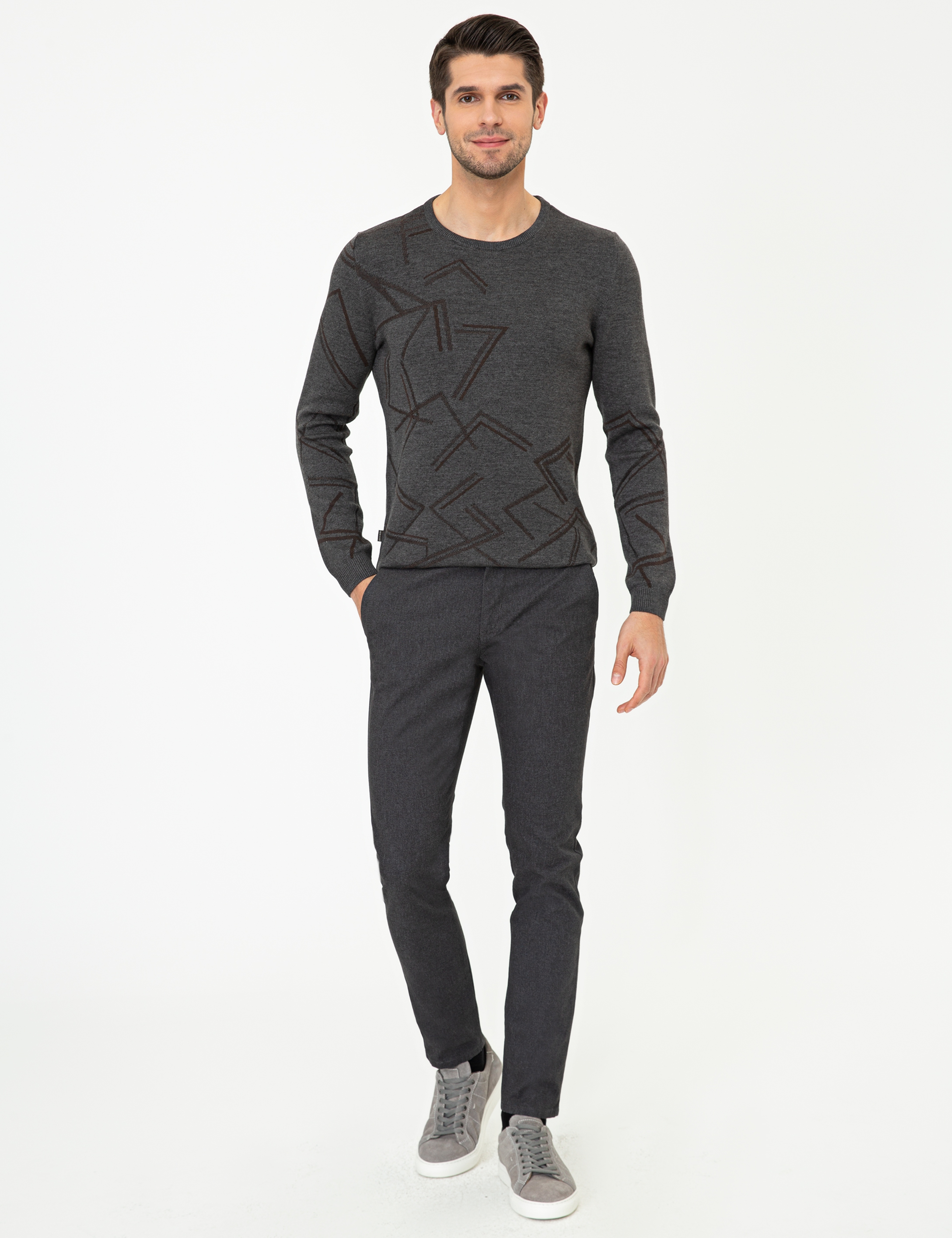 Gri Melanj Slim Fit Bisiklet Yaka Triko Kazak - Image 5