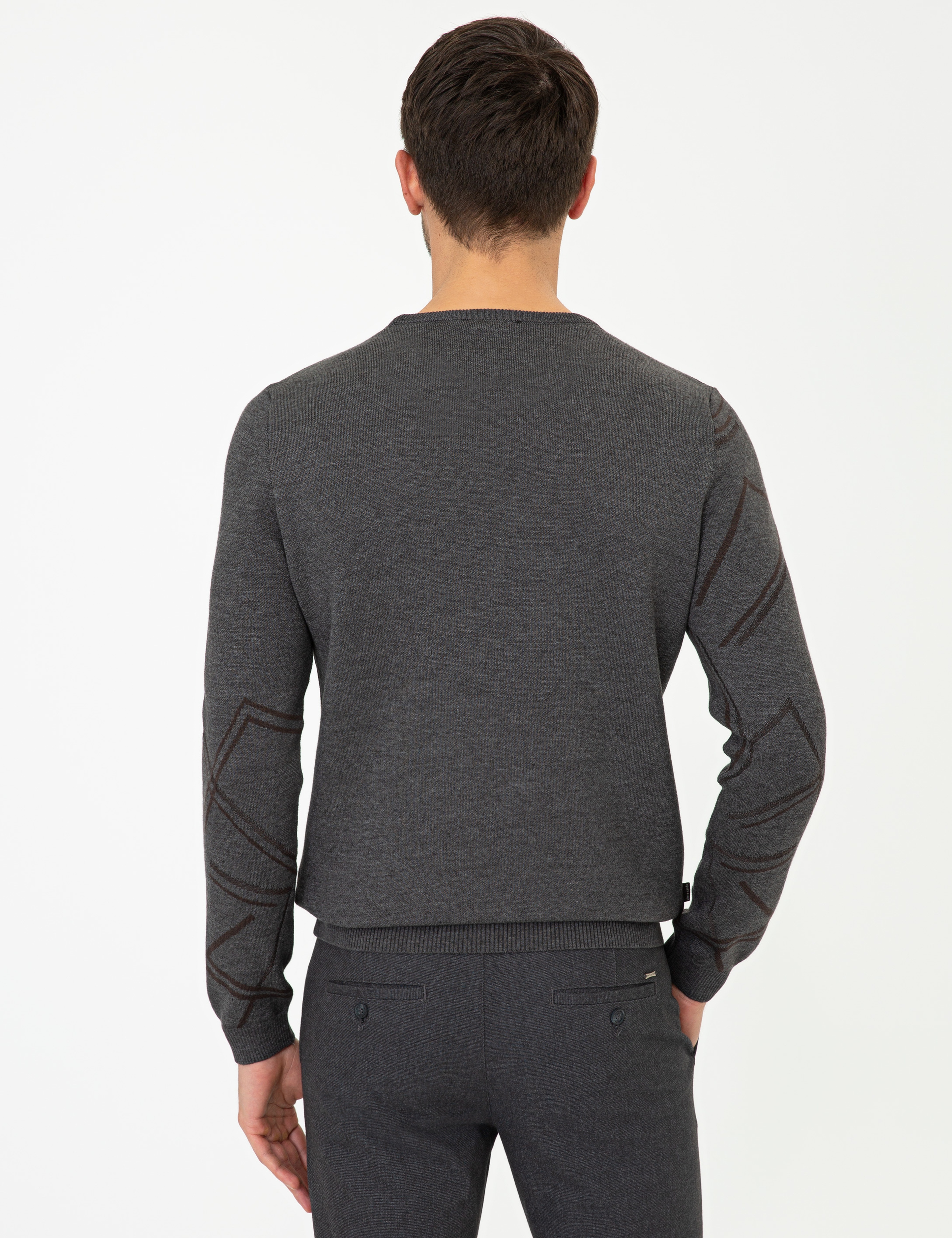 Gri Melanj Slim Fit Bisiklet Yaka Triko Kazak