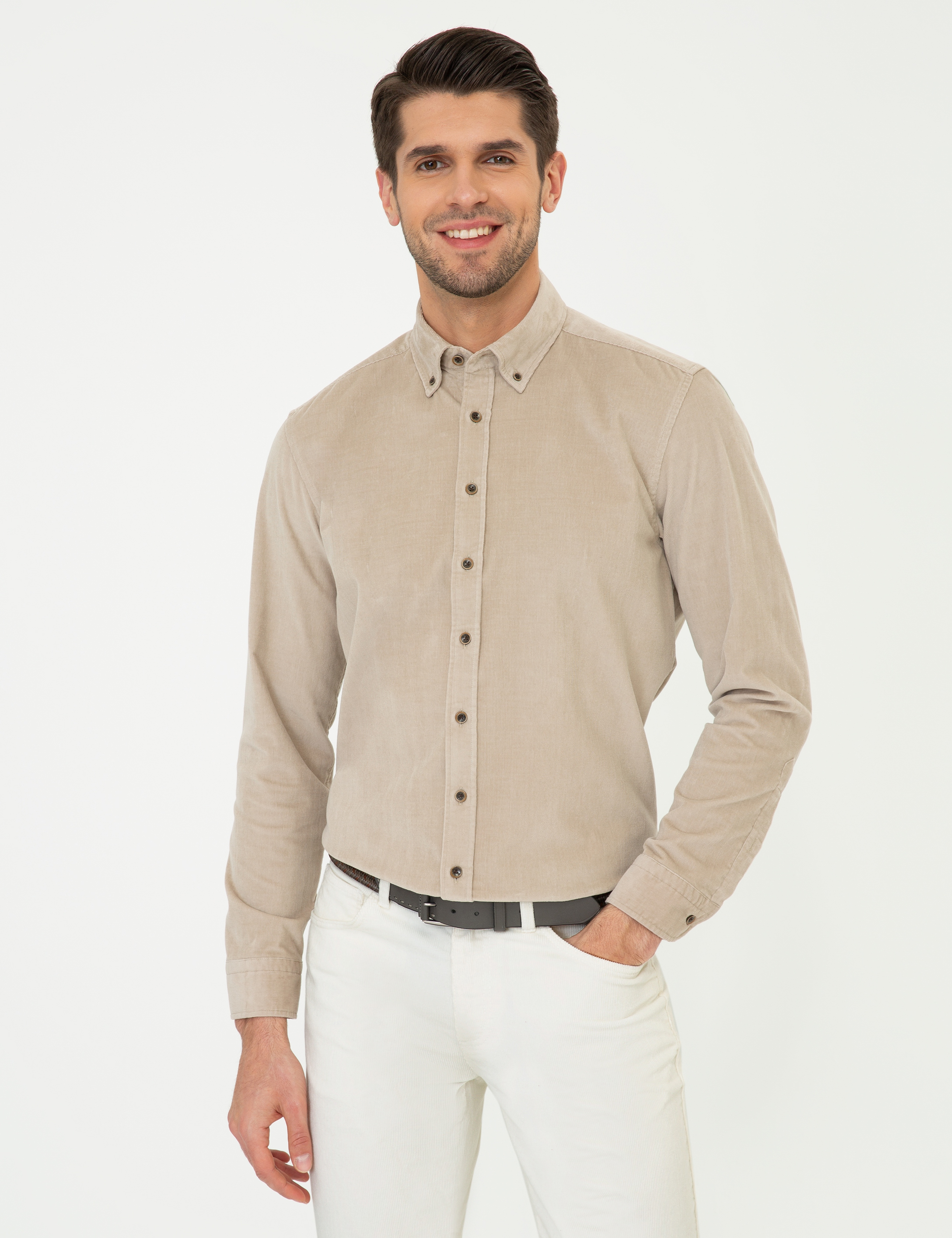 Bej Regular Fit Uzun Kollu Gömlek - Image 1