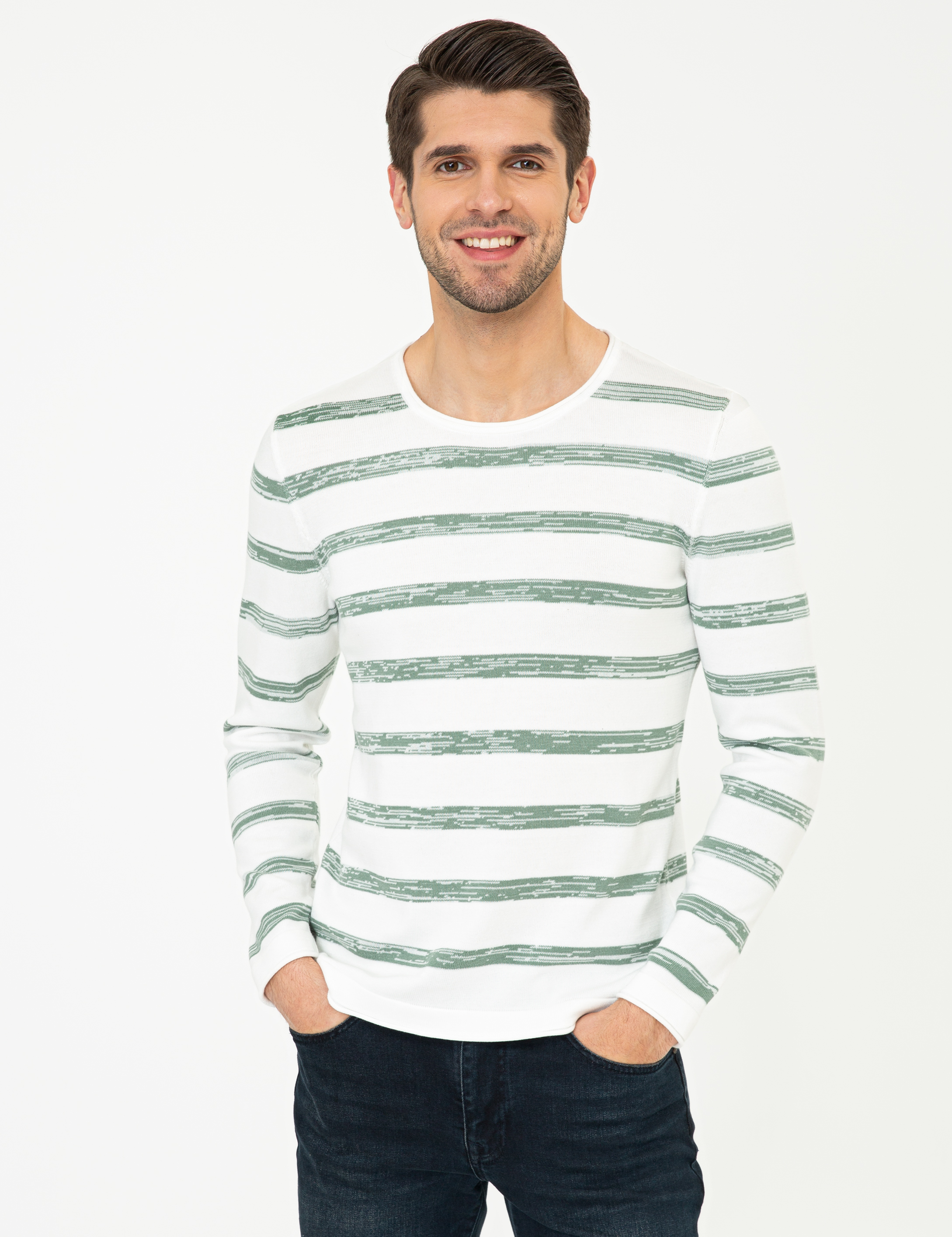 Ekru Slim Fit Bisiklet Yaka Triko Kazak - Image 3
