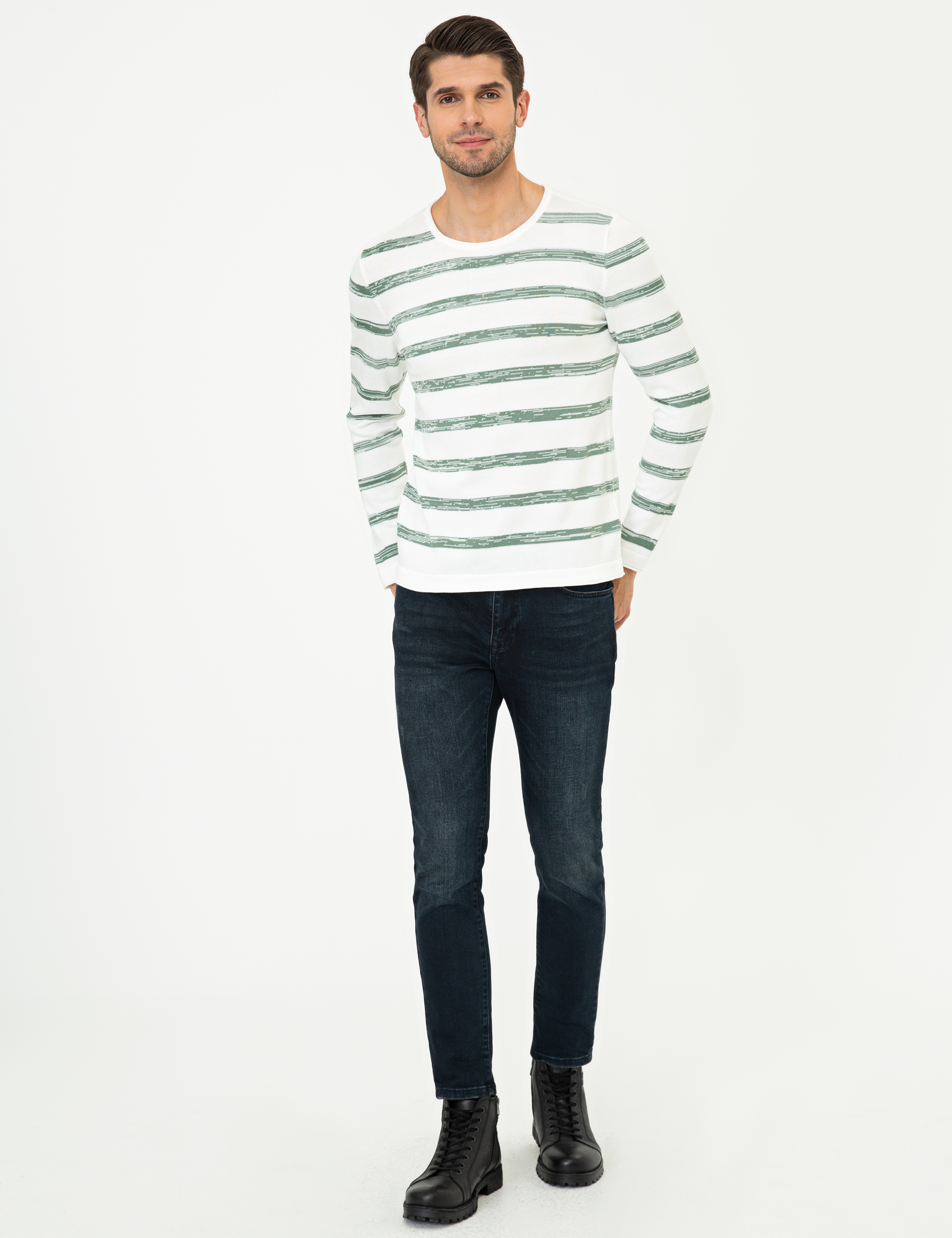 Ekru Slim Fit Bisiklet Yaka Triko Kazak - Image 5