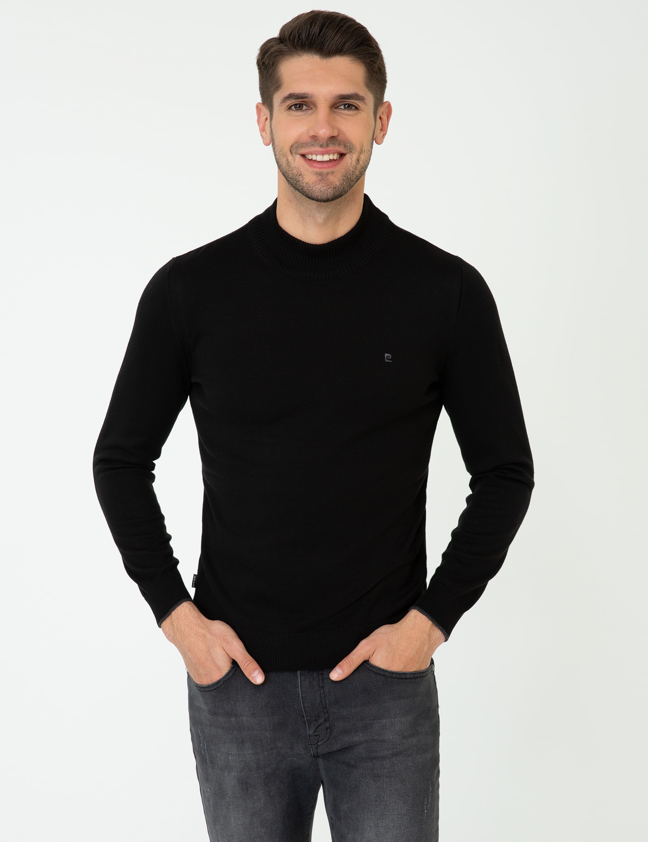 Siyah Slim Fit Yarım Balıkçı Yaka Basic Triko Kazak - Image 1
