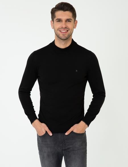 Siyah Slim Fit Yarım Balıkçı Yaka Basic Triko Kazak - 50248552018