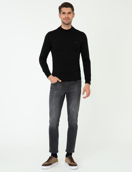 Siyah Slim Fit Yarım Balıkçı Yaka Basic Triko Kazak - 50248552018