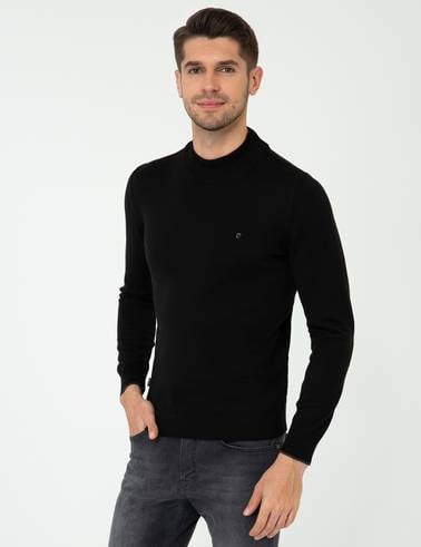 Siyah Slim Fit Yarım Balıkçı Yaka Basic Triko Kazak