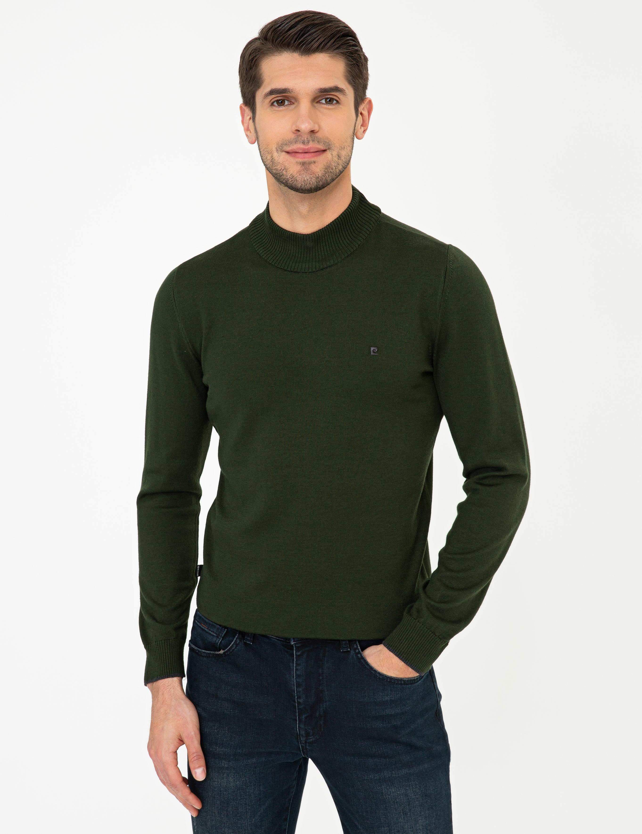 Yeşil Slim Fit Yarım Balıkçı Yaka Basic Triko Kazak