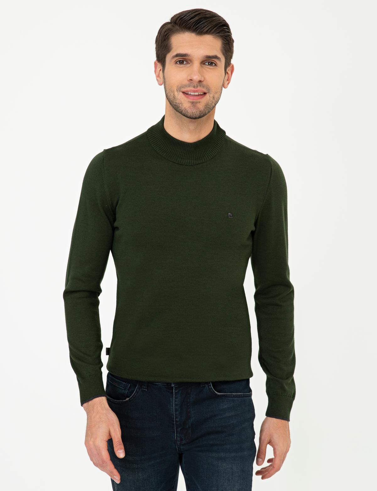 Yeşil Slim Fit Yarım Balıkçı Yaka Basic Triko Kazak