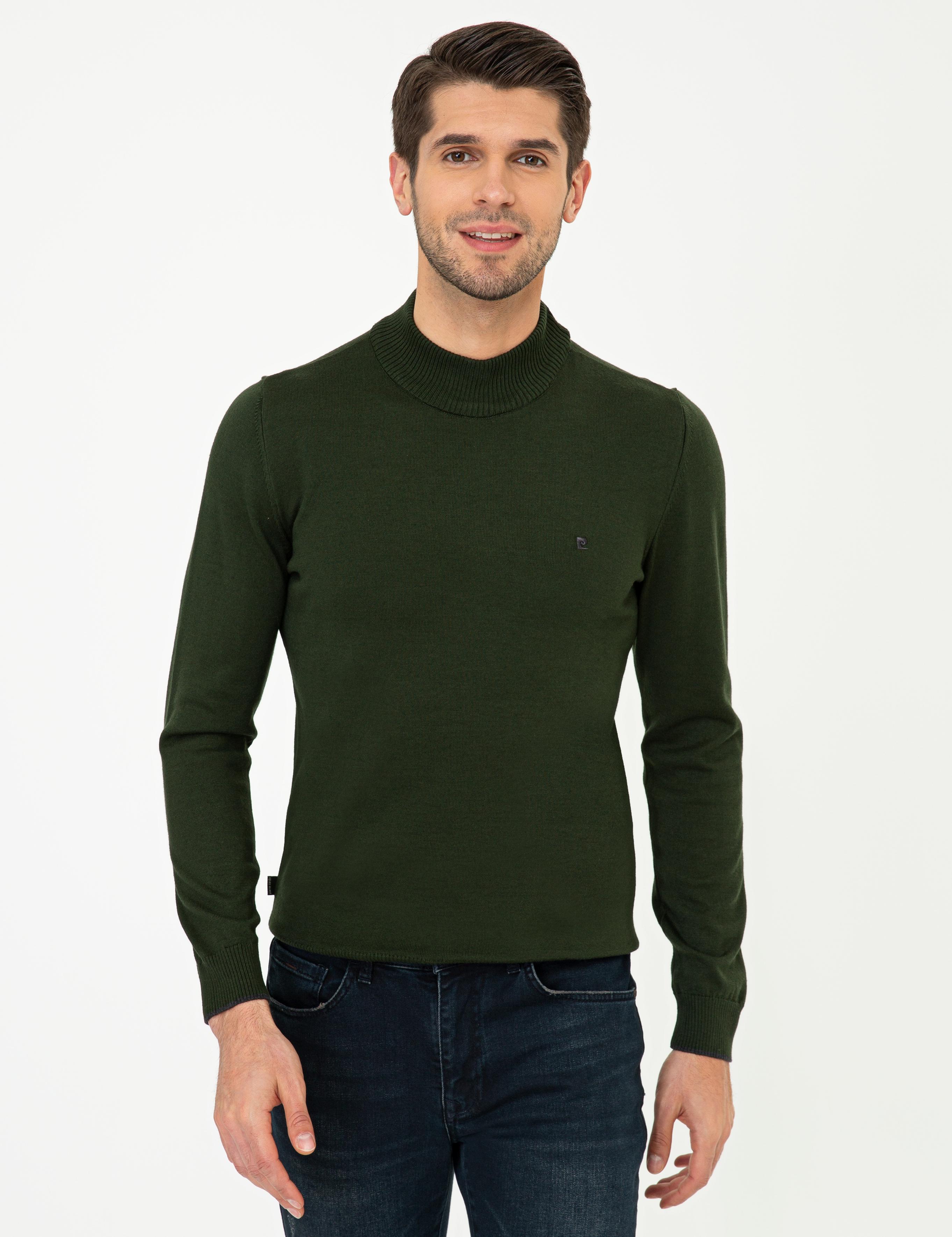 Yeşil Slim Fit Yarım Balıkçı Yaka Basic Triko Kazak