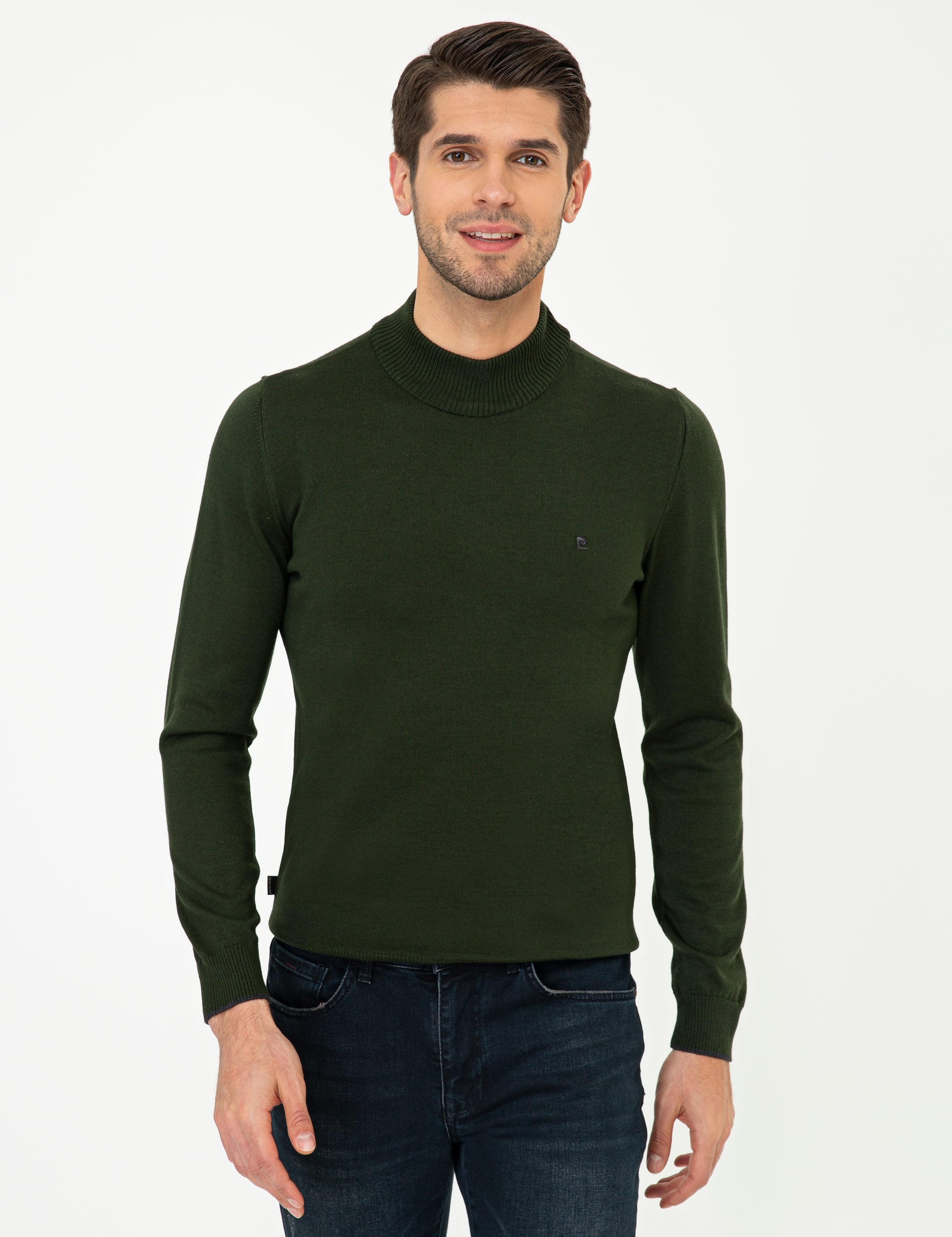 Yeşil Slim Fit Yarım Balıkçı Basic Triko Kazak