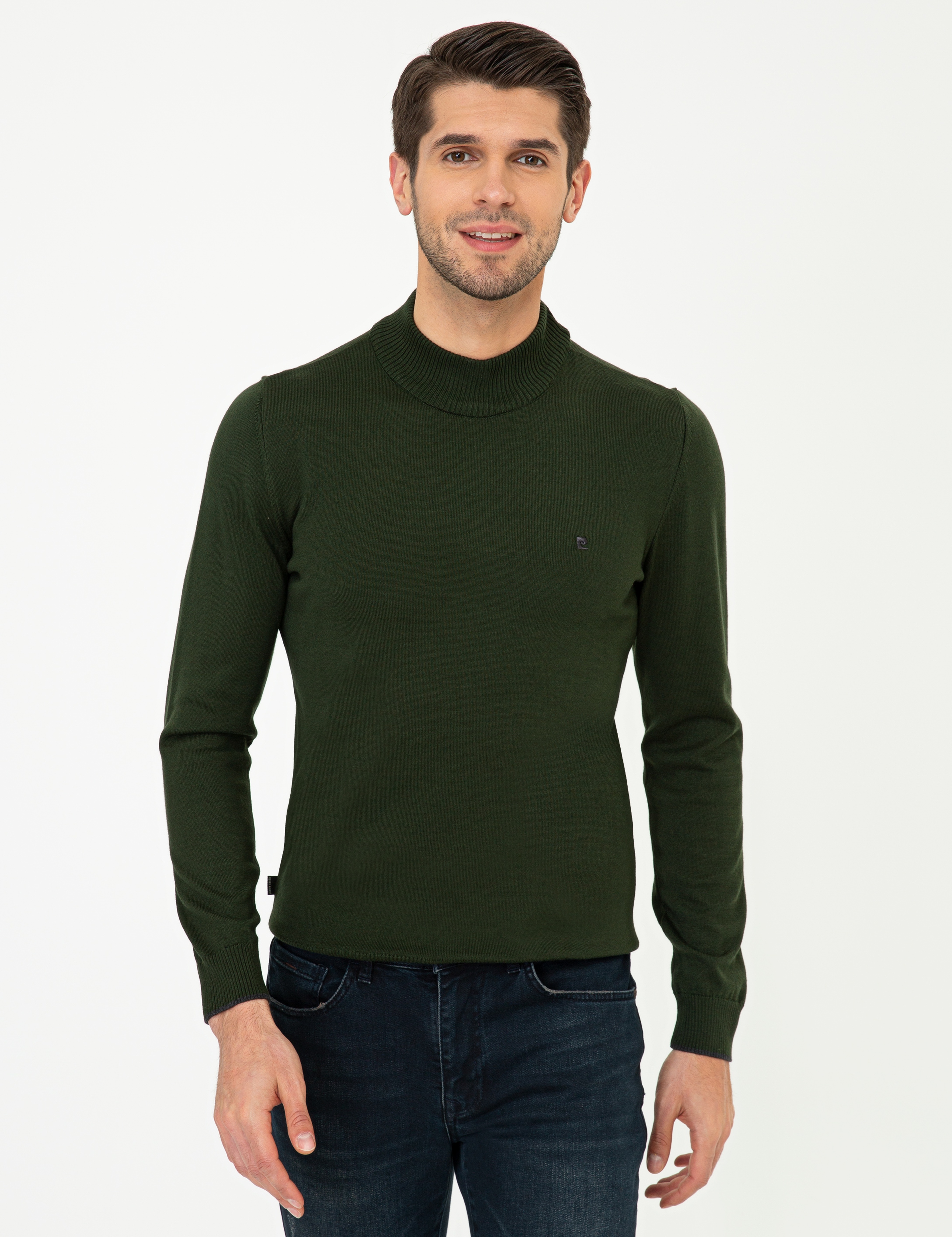 Yeşil Slim Fit Yarım Balıkçı Yaka Basic Triko Kazak - Image 1