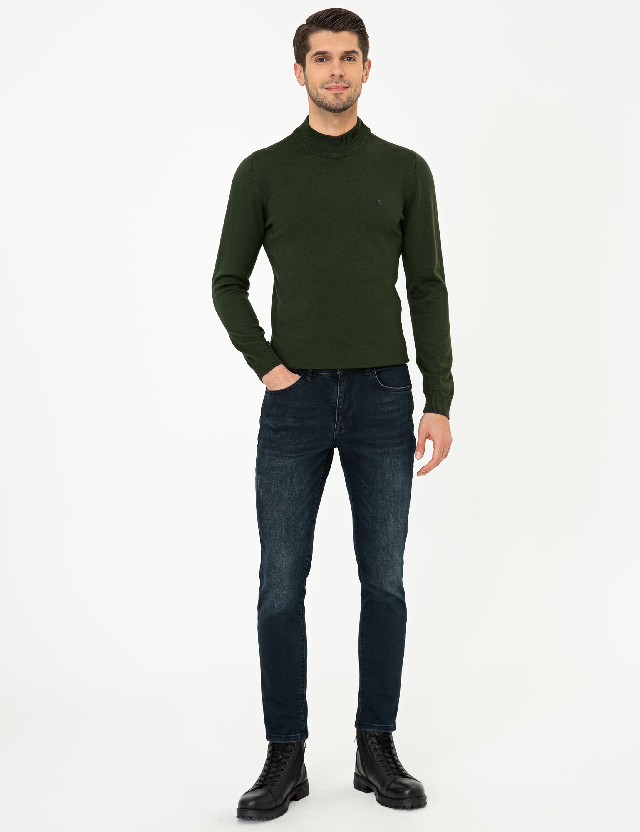 Yeşil Slim Fit Yarım Balıkçı Basic Triko Kazak
