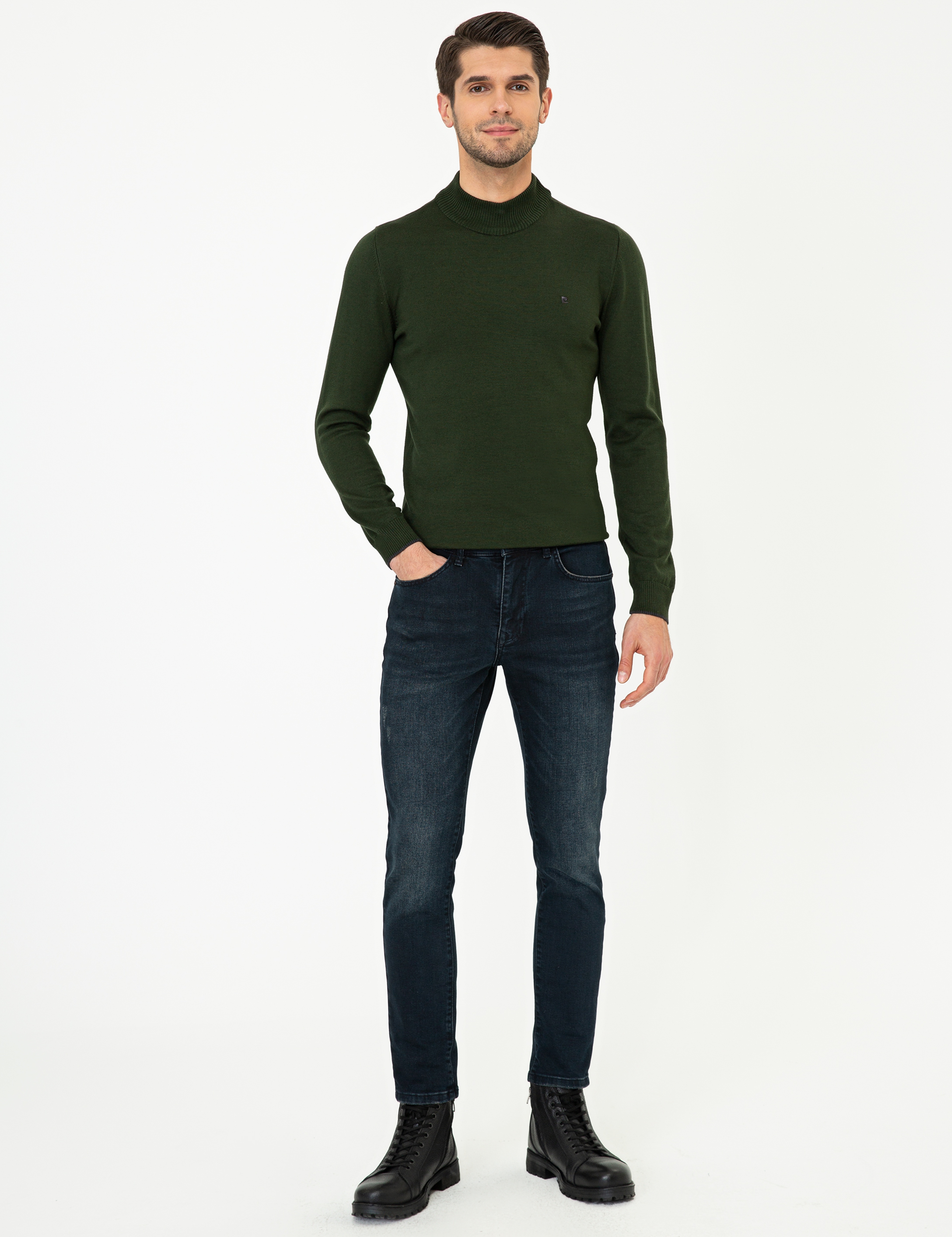 Yeşil Slim Fit Yarım Balıkçı Yaka Basic Triko Kazak - Image 5