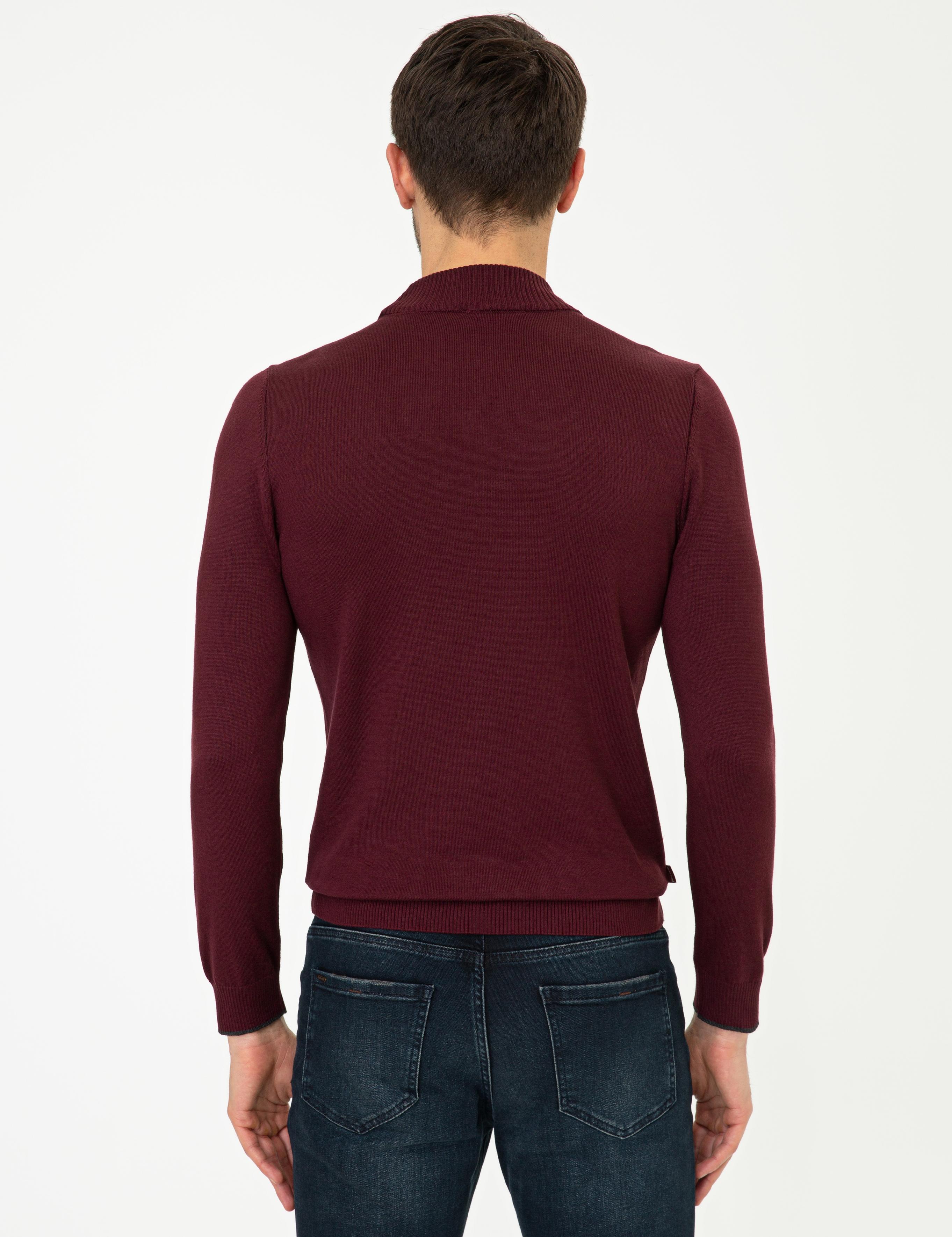 Bordo Slim Fit Yarım Balıkçı Yaka Basic Triko Kazak