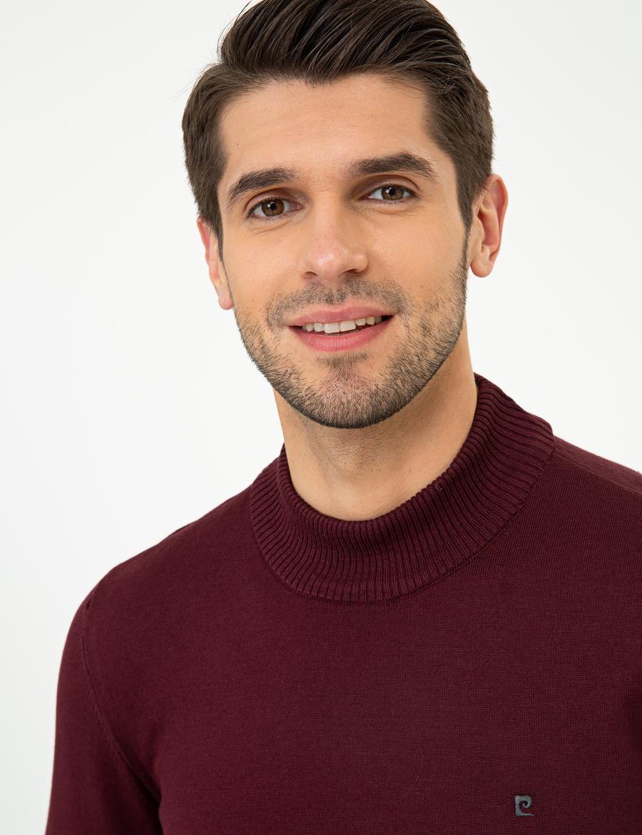 Bordo Slim Fit Yarım Balıkçı Yaka Basic Triko Kazak