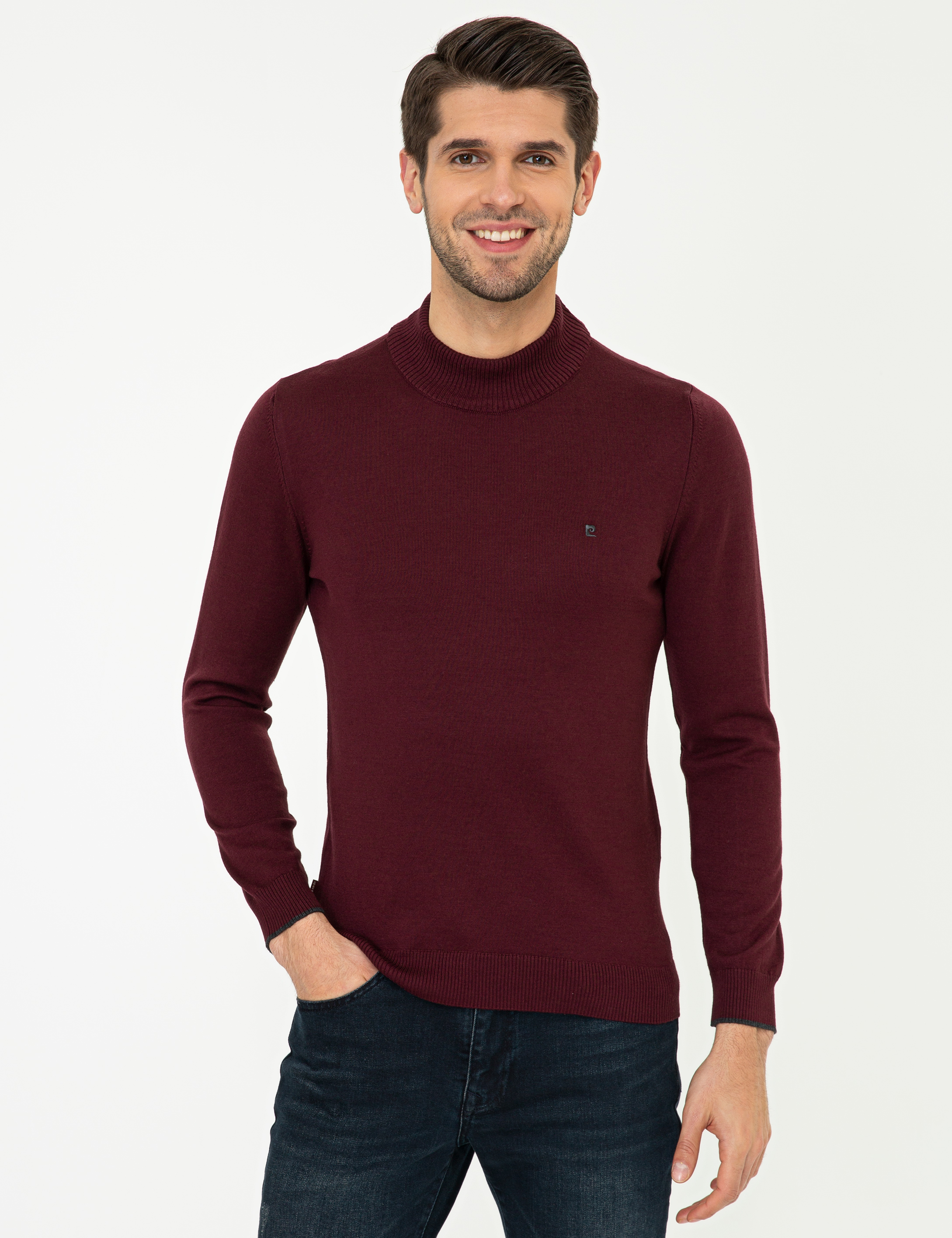 Bordo Slim Fit Yarım Balıkçı Yaka Basic Triko Kazak - Image 1