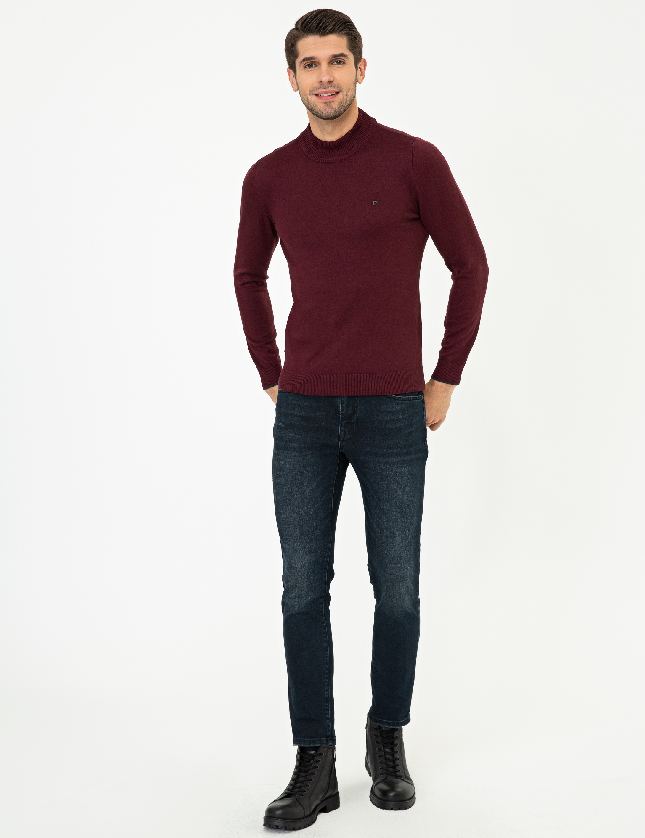Pierre Cardin Bordo Slim Fit Yarım Balıkçı Yaka Basic Triko Kazak görsel 5