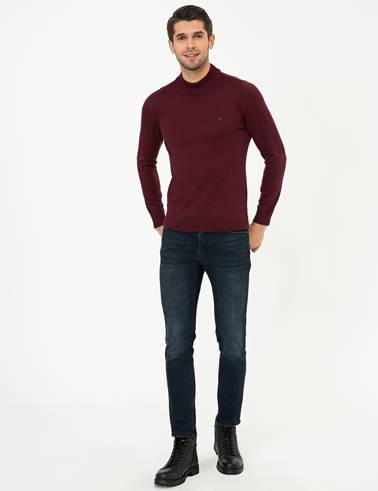 Bordo Slim Fit Yarım Balıkçı Yaka Basic Triko Kazak