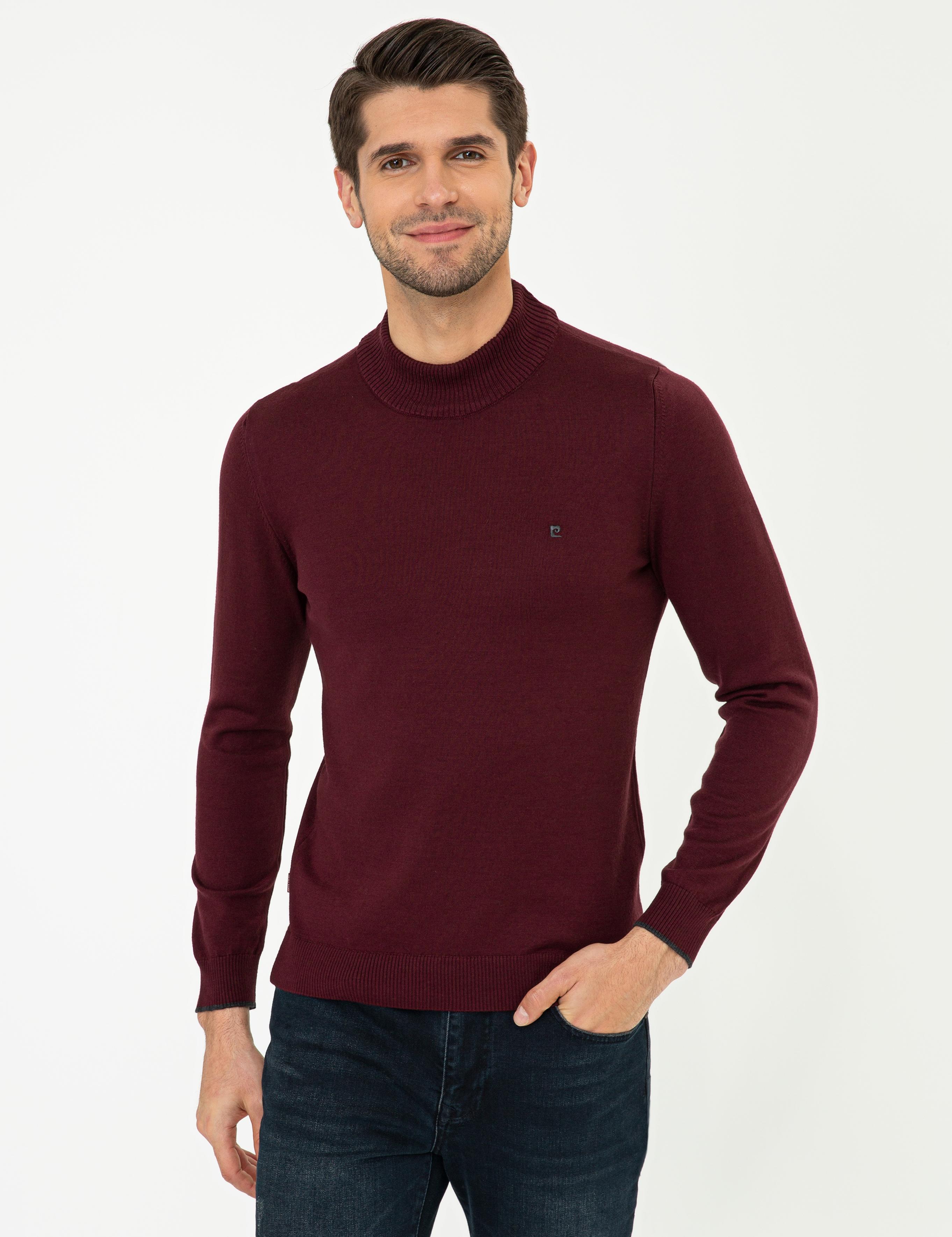 Bordo Slim Fit Yarım Balıkçı Yaka Basic Triko Kazak