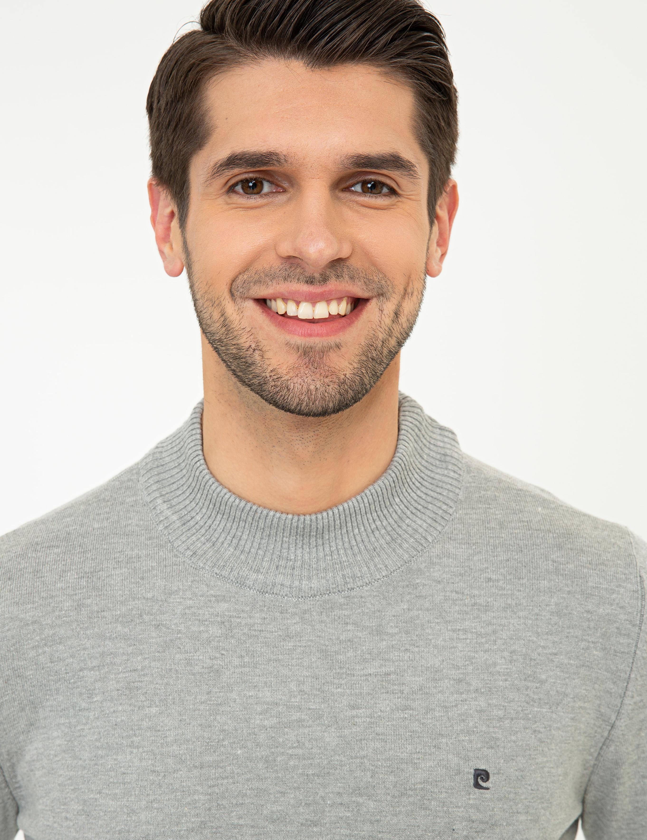 Açık Gri Melanj Slim Fit Yarım Balıkçı Basic Triko Kazak