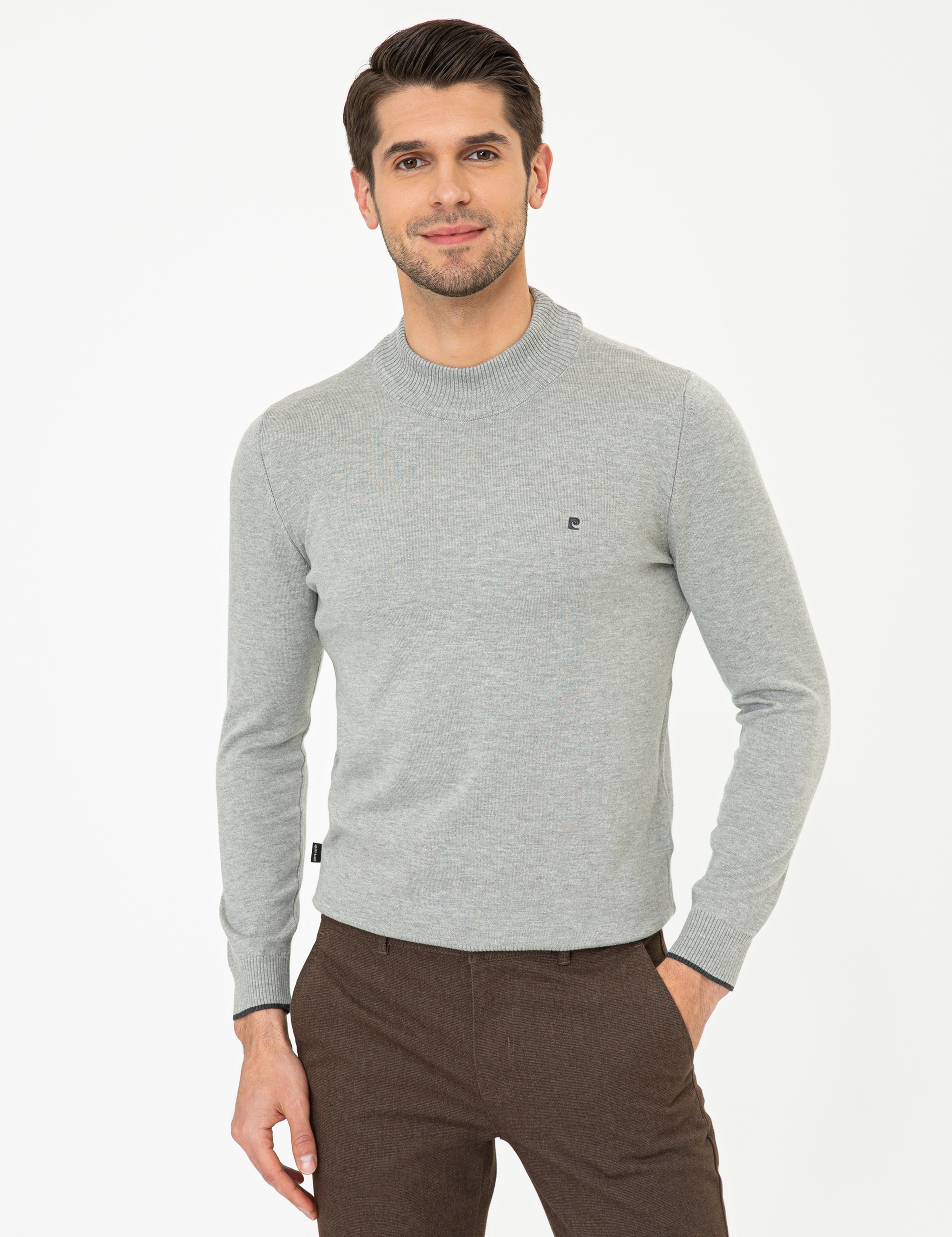 Açık Gri Melanj Slim Fit Yarım Balıkçı Basic Triko Kazak - Image 3