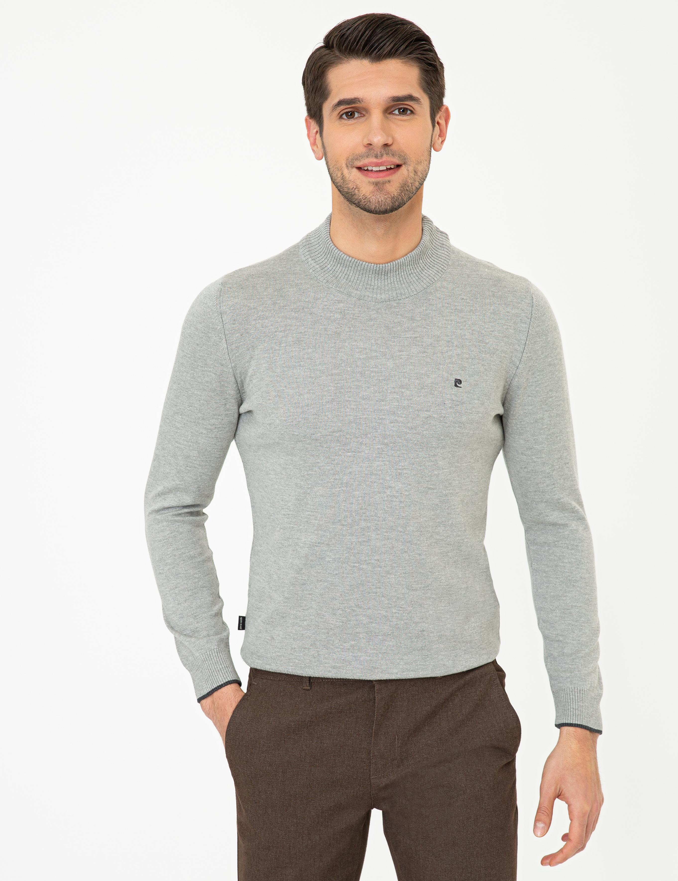 Açık Gri Melanj Slim Fit Yarım Balıkçı Basic Triko Kazak