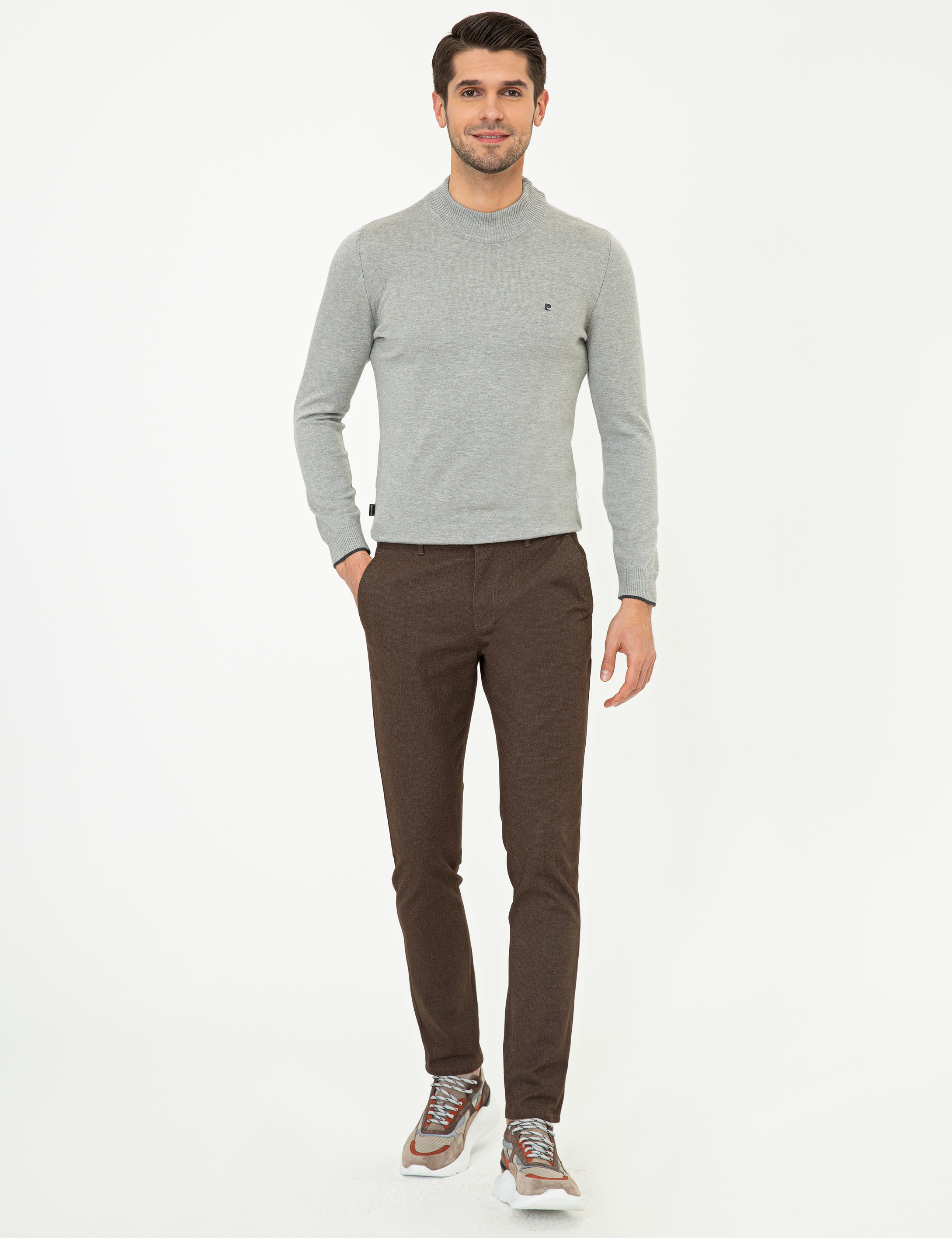 Açık Gri Melanj Slim Fit Yarım Balıkçı Basic Triko Kazak - Image 5