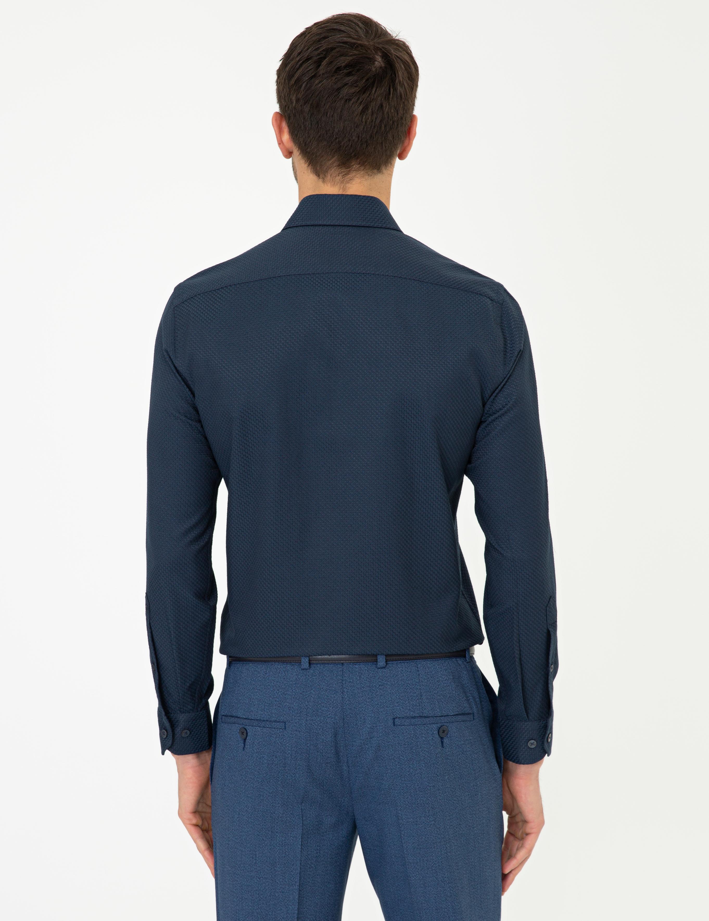 Lacivert Slim Fit Armürlü Gömlek