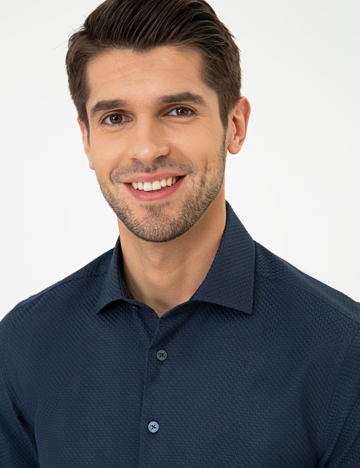 Lacivert Slim Fit Armürlü Gömlek - 50248975026