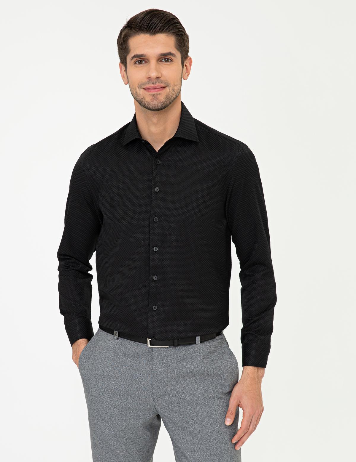 Siyah Slim Fit Armürlü Gömlek