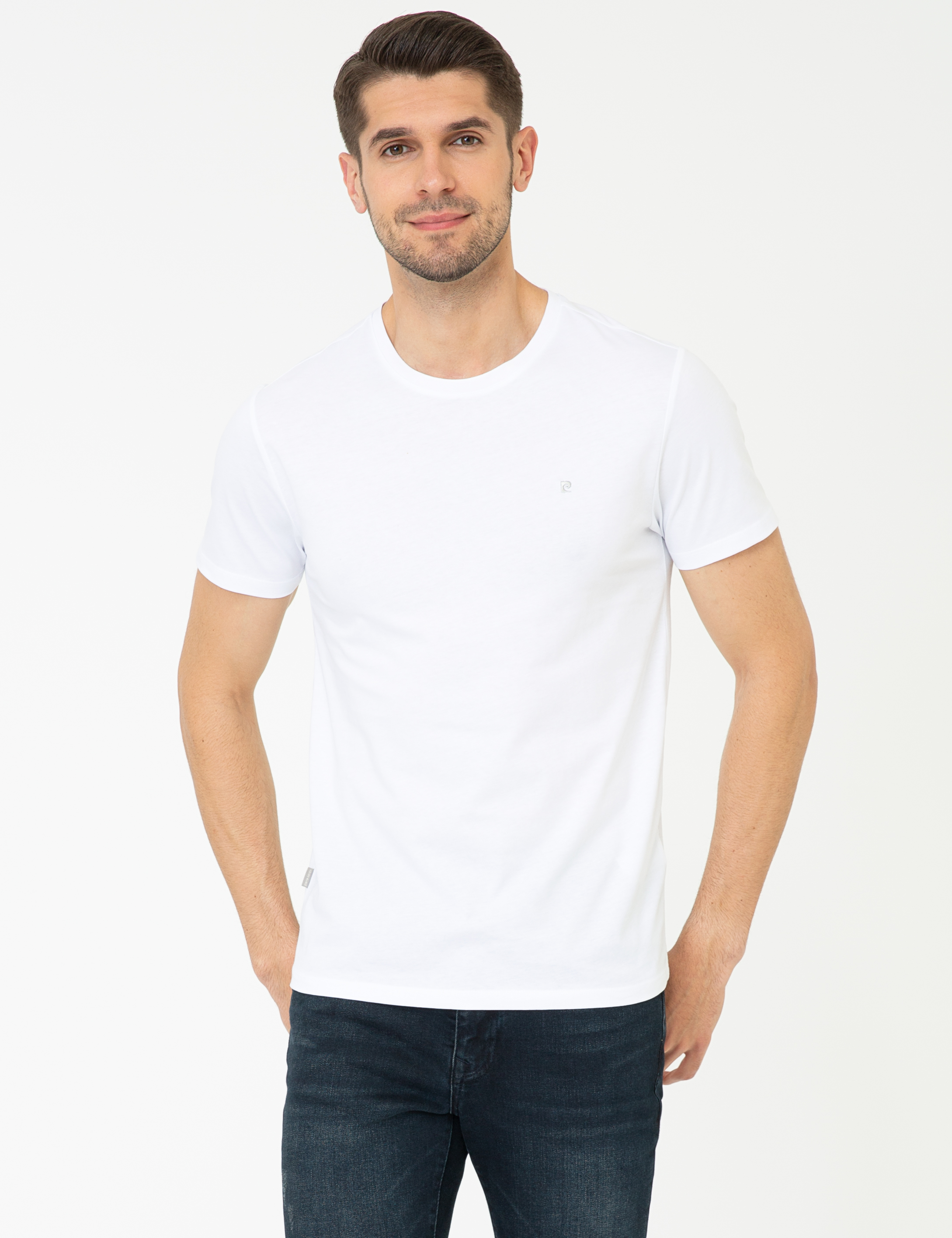 Beyaz Slim Fit Bisiklet Yaka Basic Tişört - Image 3