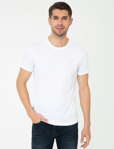 Beyaz Slim Fit Bisiklet Yaka Basic Tişört