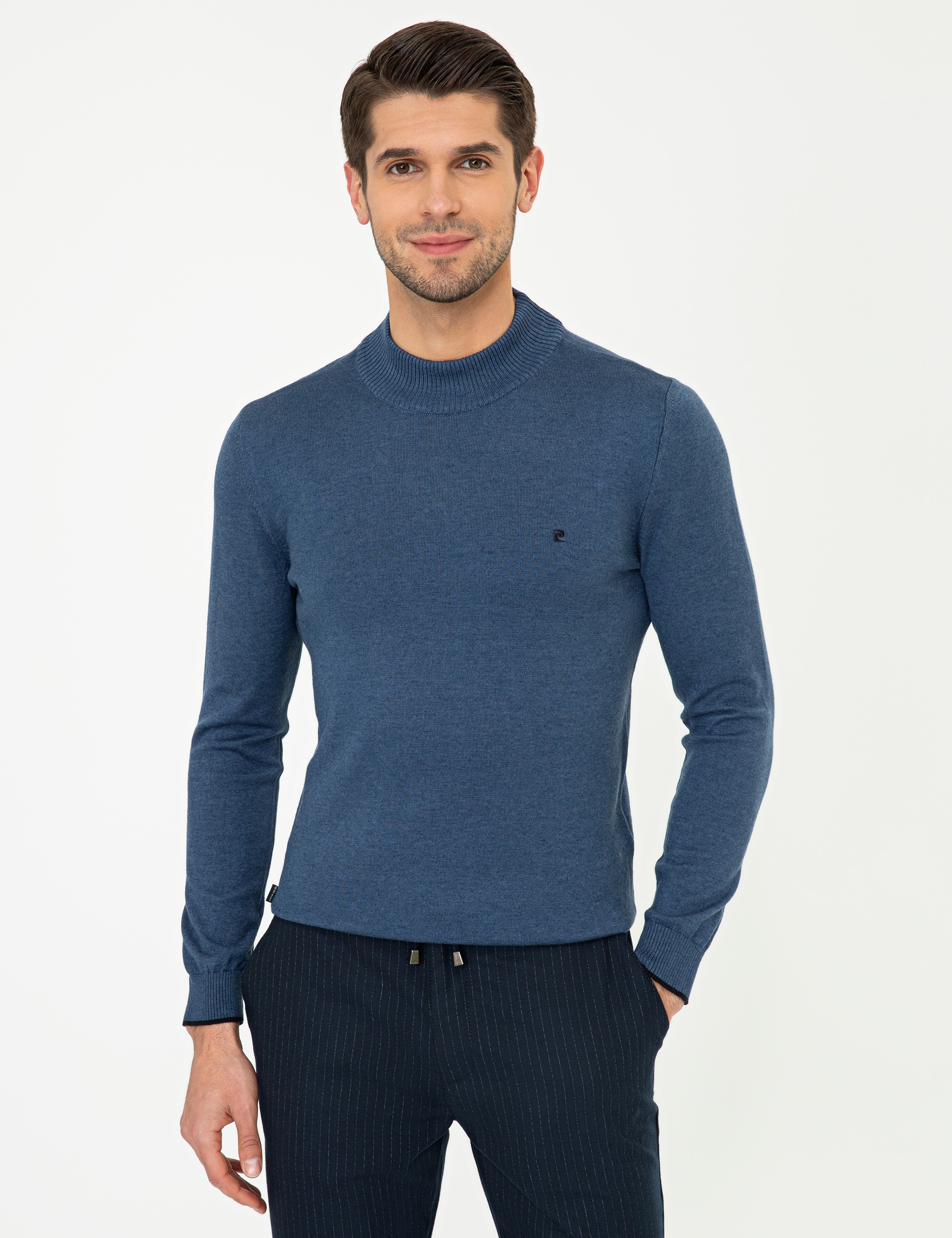 İndigo Melanj Slim Fit Yarım Balıkçı Yaka Basic Triko Kazak