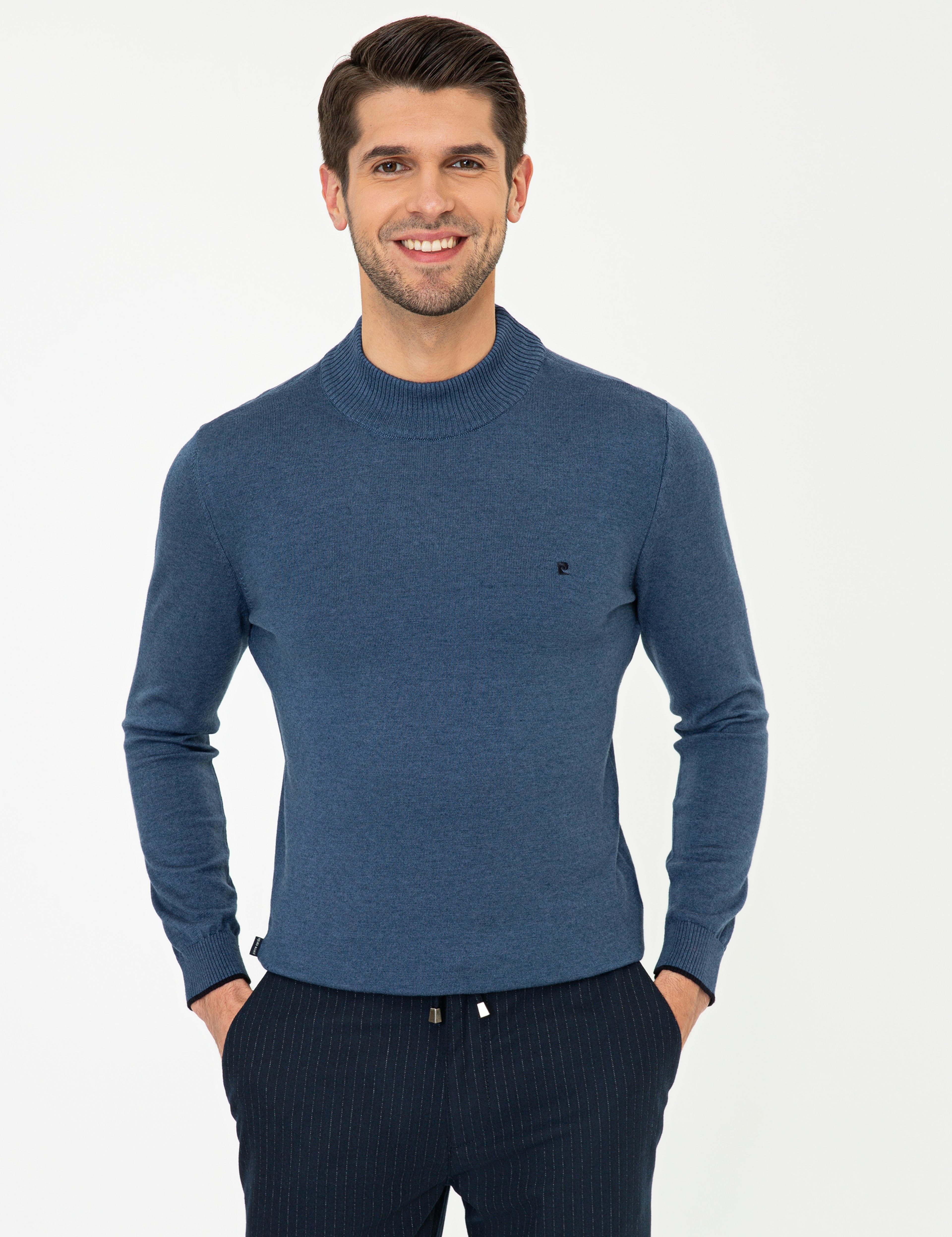 İndigo Melanj Slim Fit Yarım Balıkçı Yaka Basic Triko Kazak - Image 1