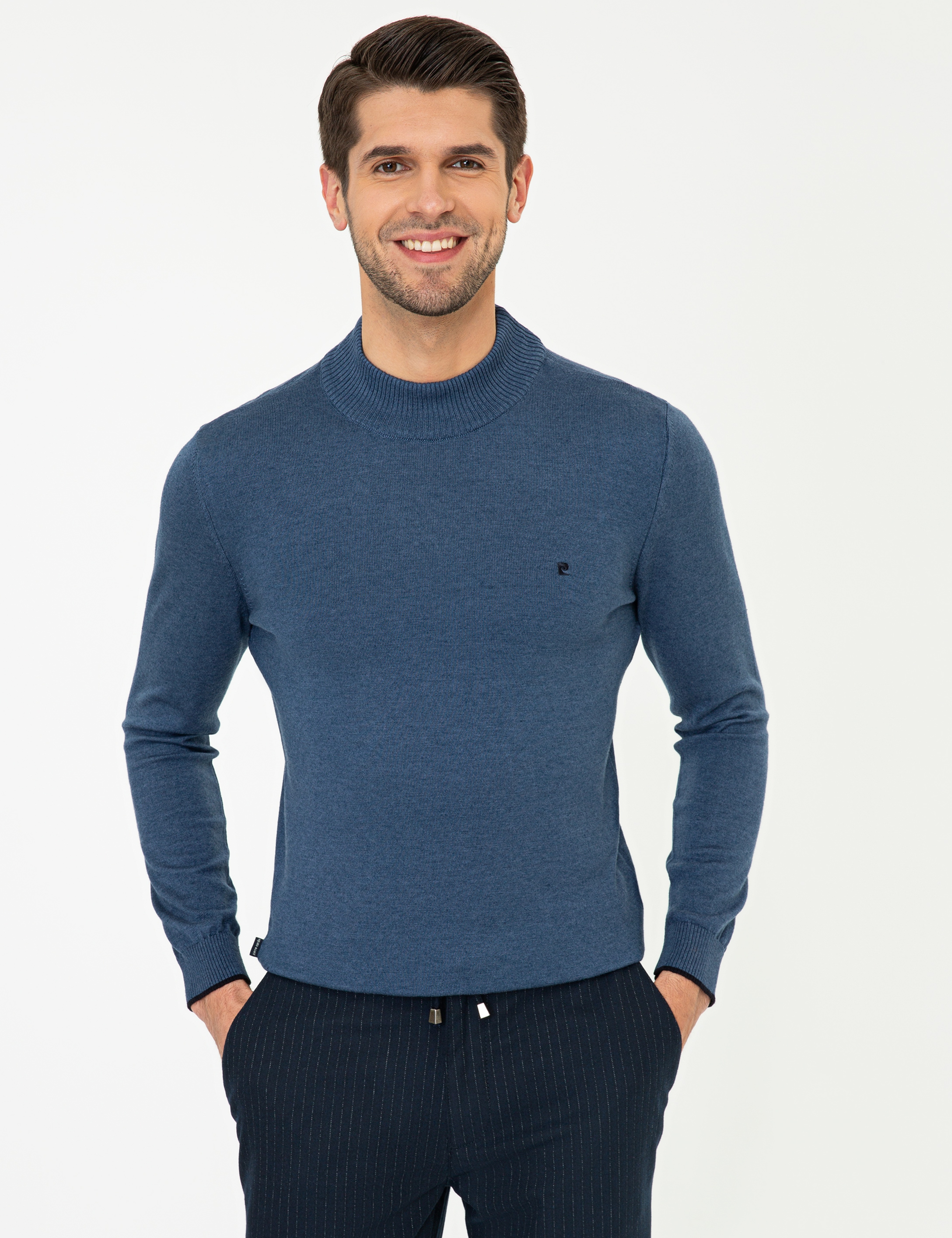 İndigo Melanj Slim Fit Yarım Balıkçı Yaka Basic Triko Kazak