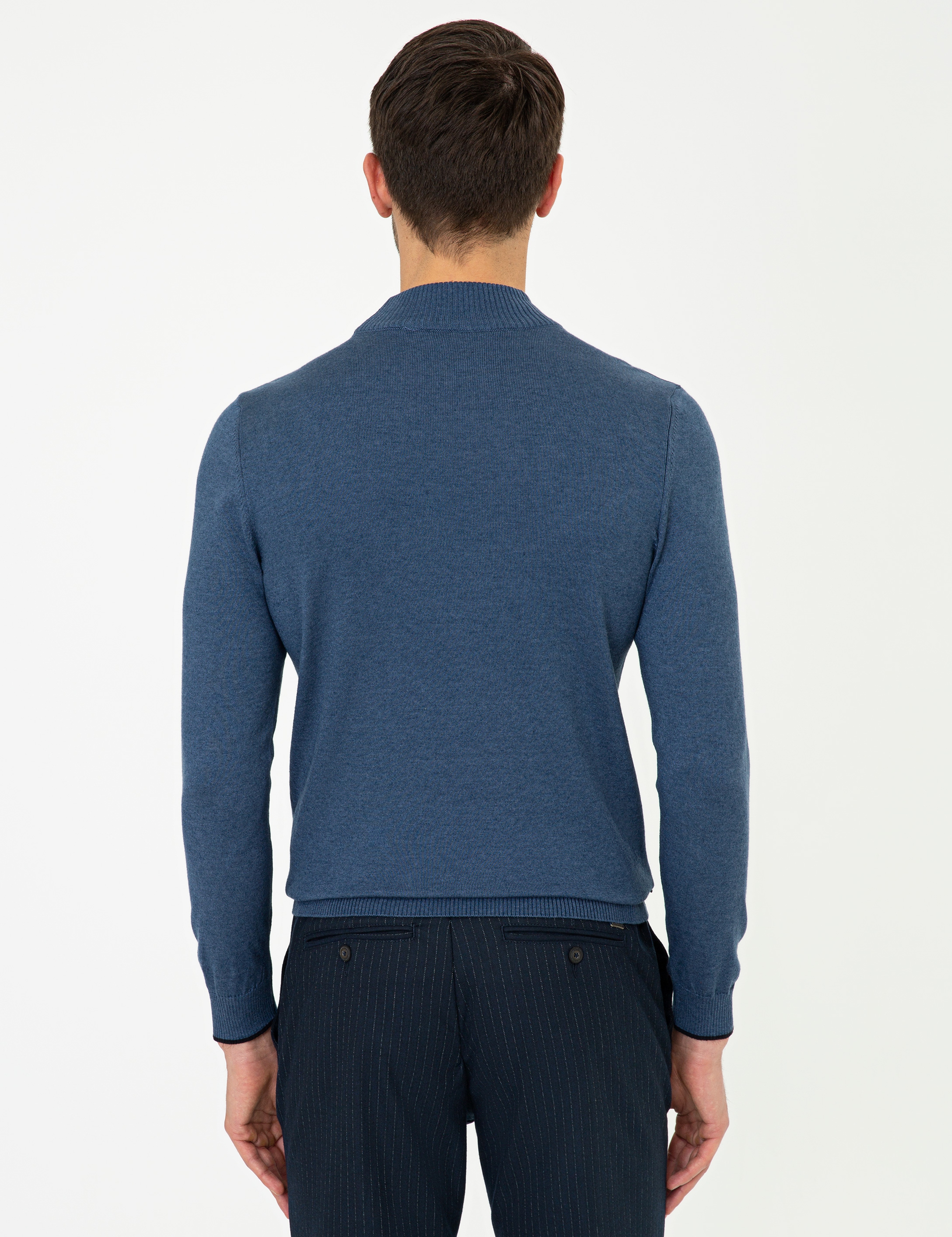 İndigo Melanj Slim Fit Yarım Balıkçı Yaka Basic Triko Kazak - Image 4