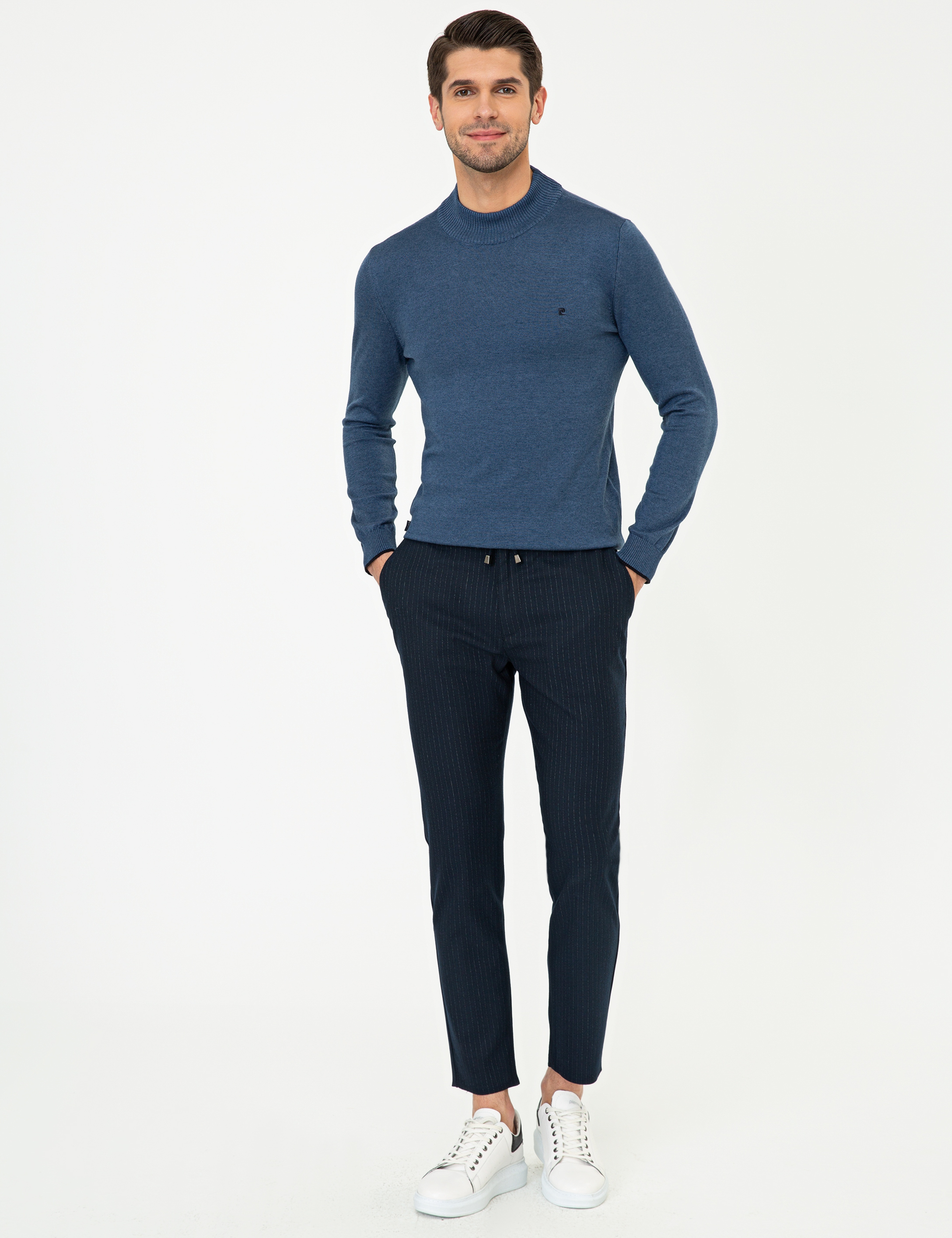 İndigo Melanj Slim Fit Yarım Balıkçı Yaka Basic Triko Kazak