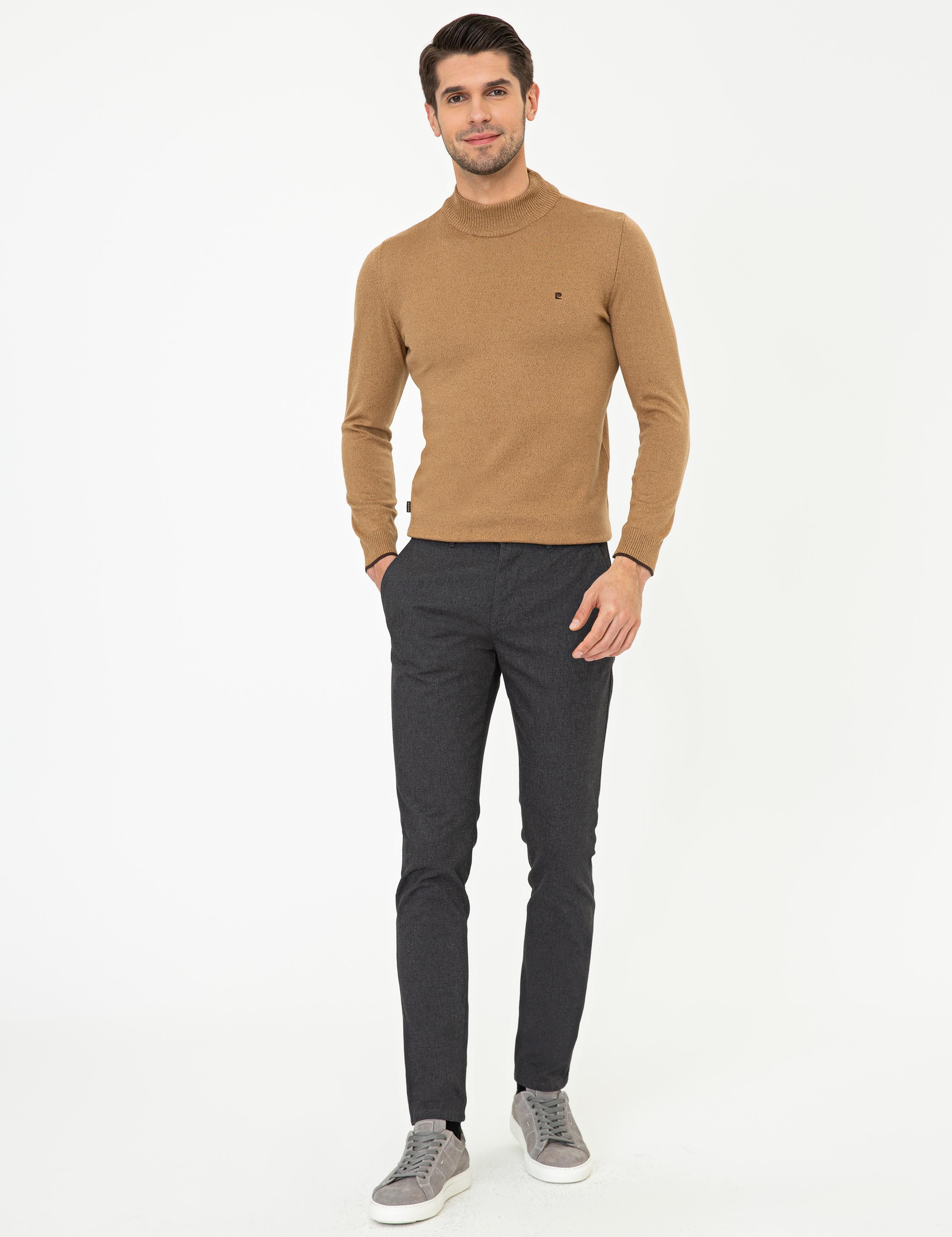 Camel Melanj Slim Fit Yarım Balıkçı Yaka Basic Triko Kazak