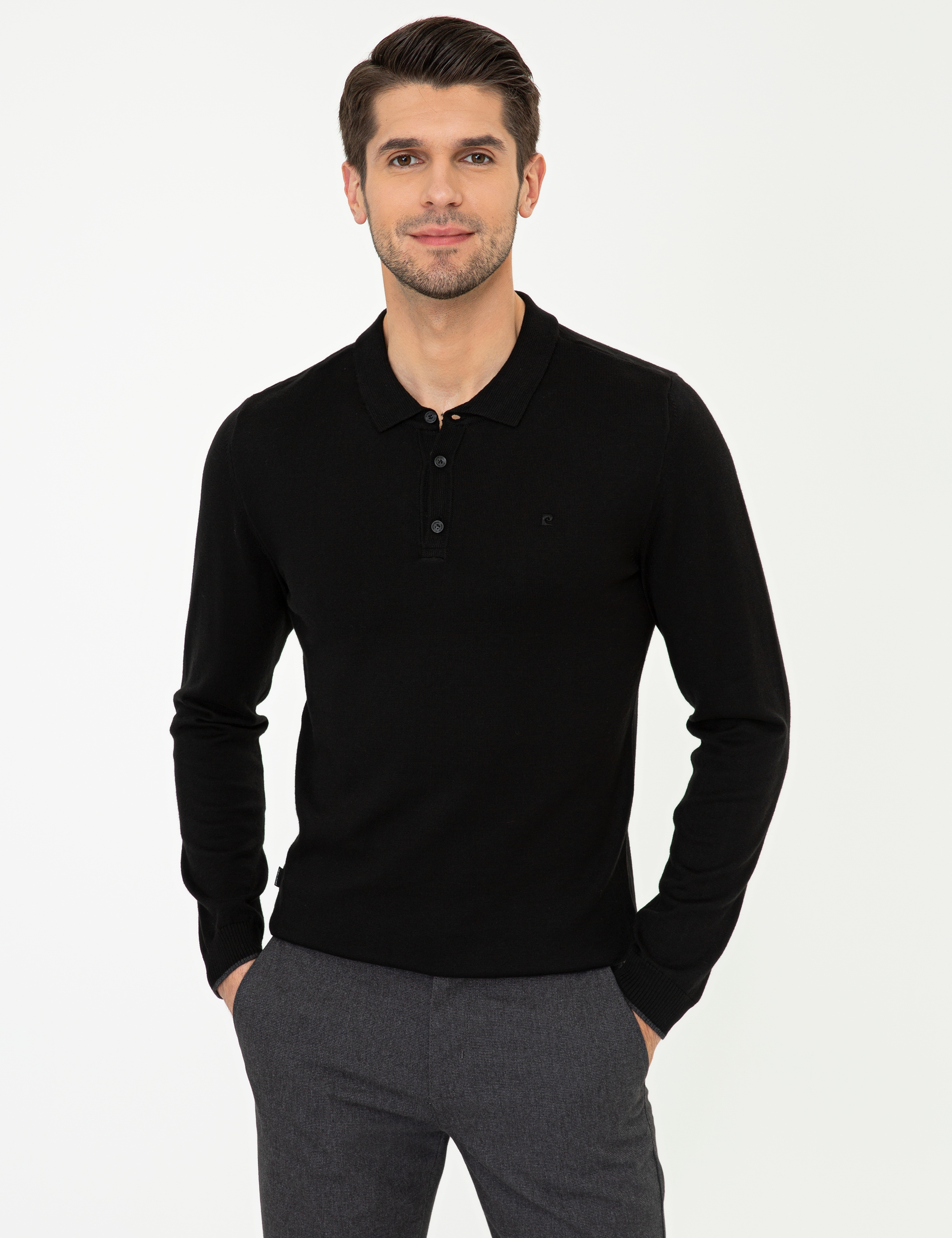 Siyah Slim Fit Polo Yaka Basic Triko Kazak