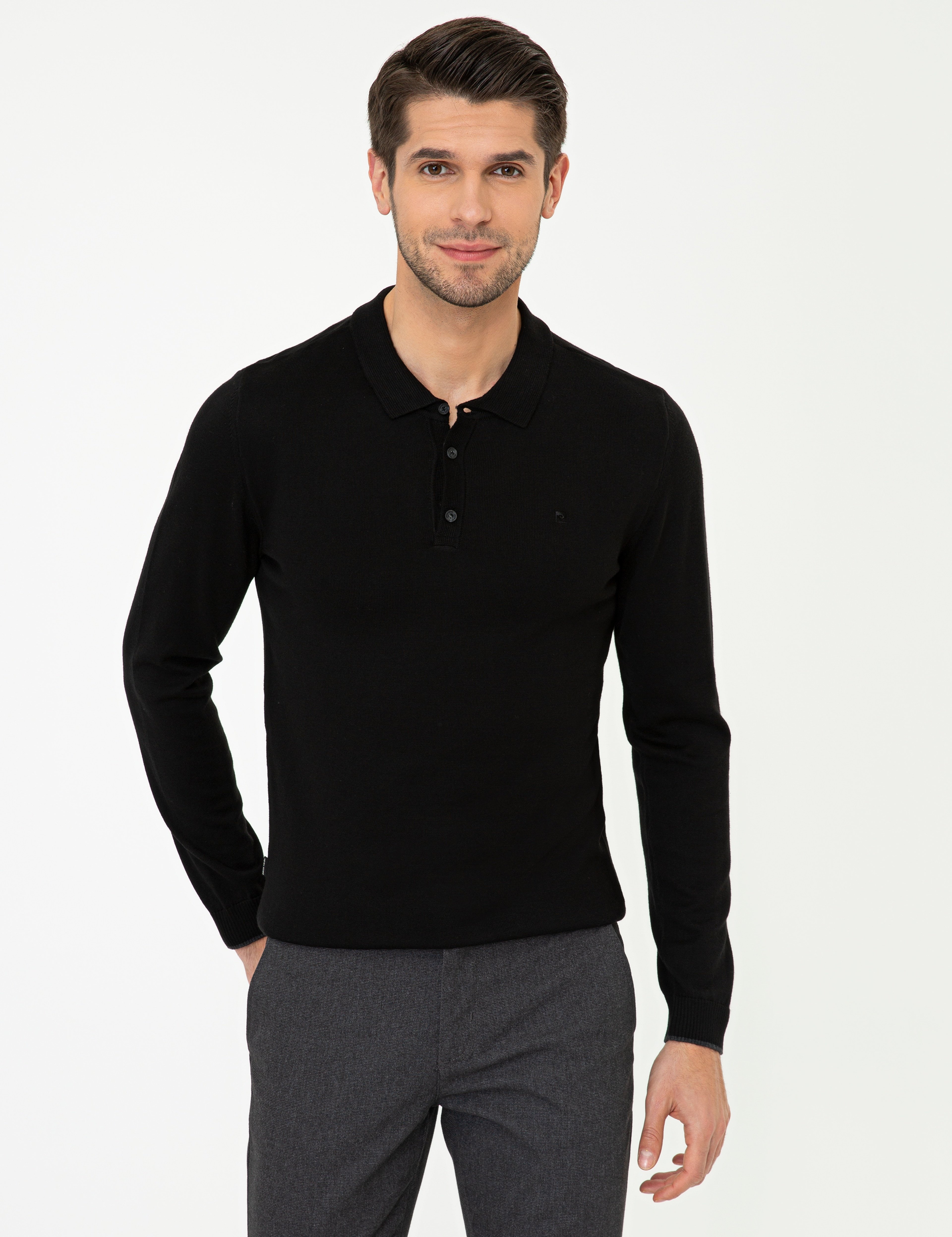 Siyah Slim Fit Polo Yaka Basic Triko Kazak - Image 1