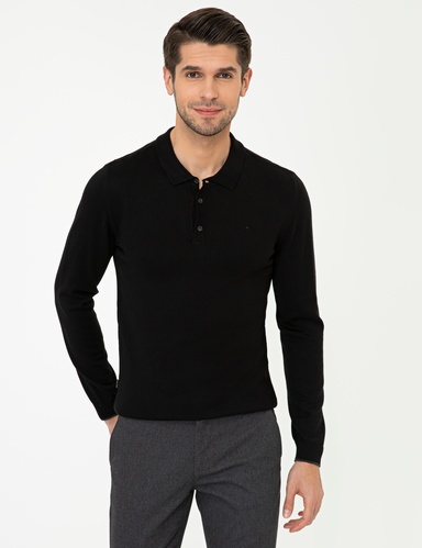 Siyah Slim Fit Polo Yaka Basic Triko Kazak