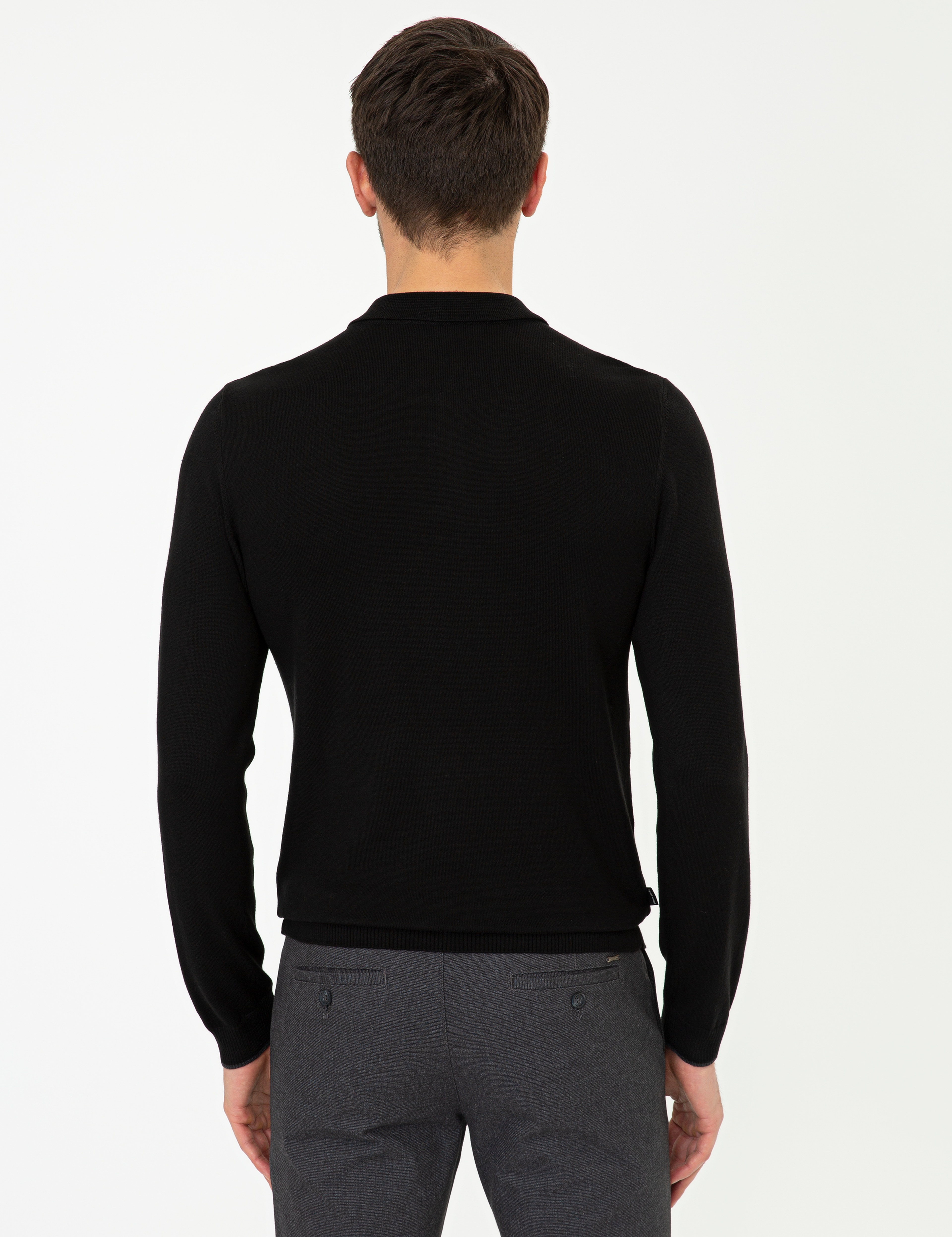 Siyah Slim Fit Polo Yaka Basic Triko Kazak